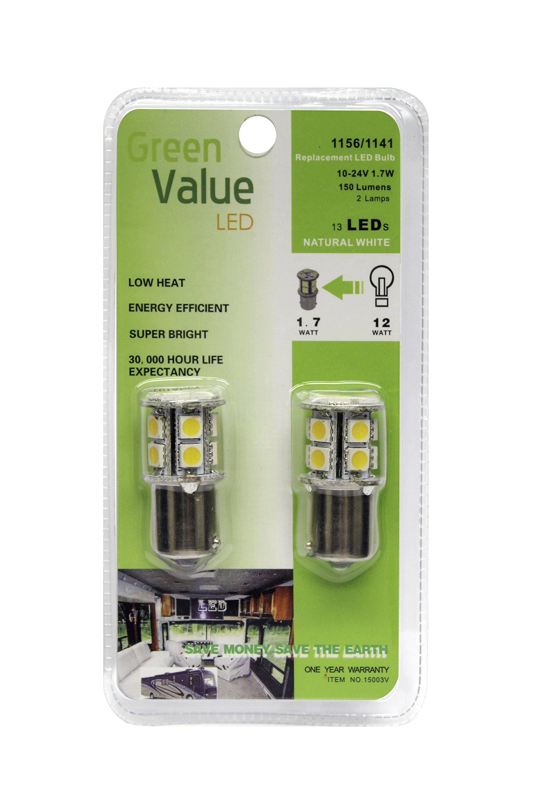LED Green Value 15001V G4 Base w/L Shape Back Pins Replacement Bulb 150 LUM 8-30v Warm White (Natural White, 1156/1141 Base)