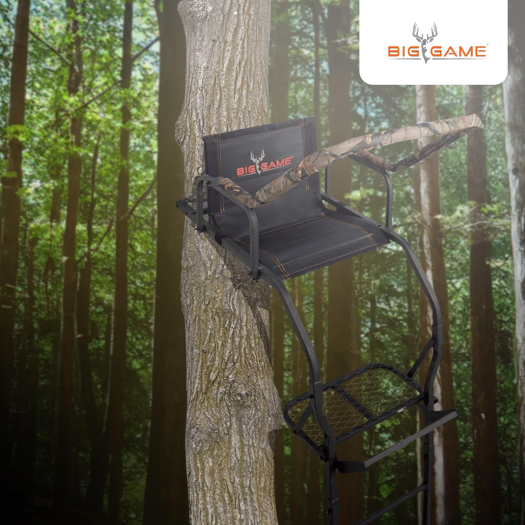 1-Person BIG GAME Ladder Tree Stand for Hunting Deer, Flex-Tek Seat, 17' Tall, Black - Adjustable Climbing Treestand with Platform and Safety Harness for Shooting
