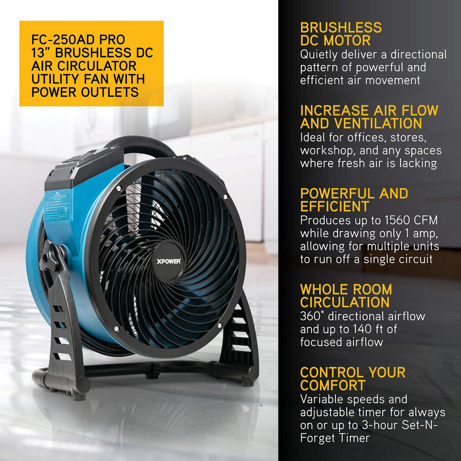 XPOWER Heavy Duty FC-250AD DC Motor Industrial High Velocity Whole Room Air Mover Air Circulator Utility Floor Fan with Daisy Chain, Variable Speed, Timer, 13 inch, 1560 CFM