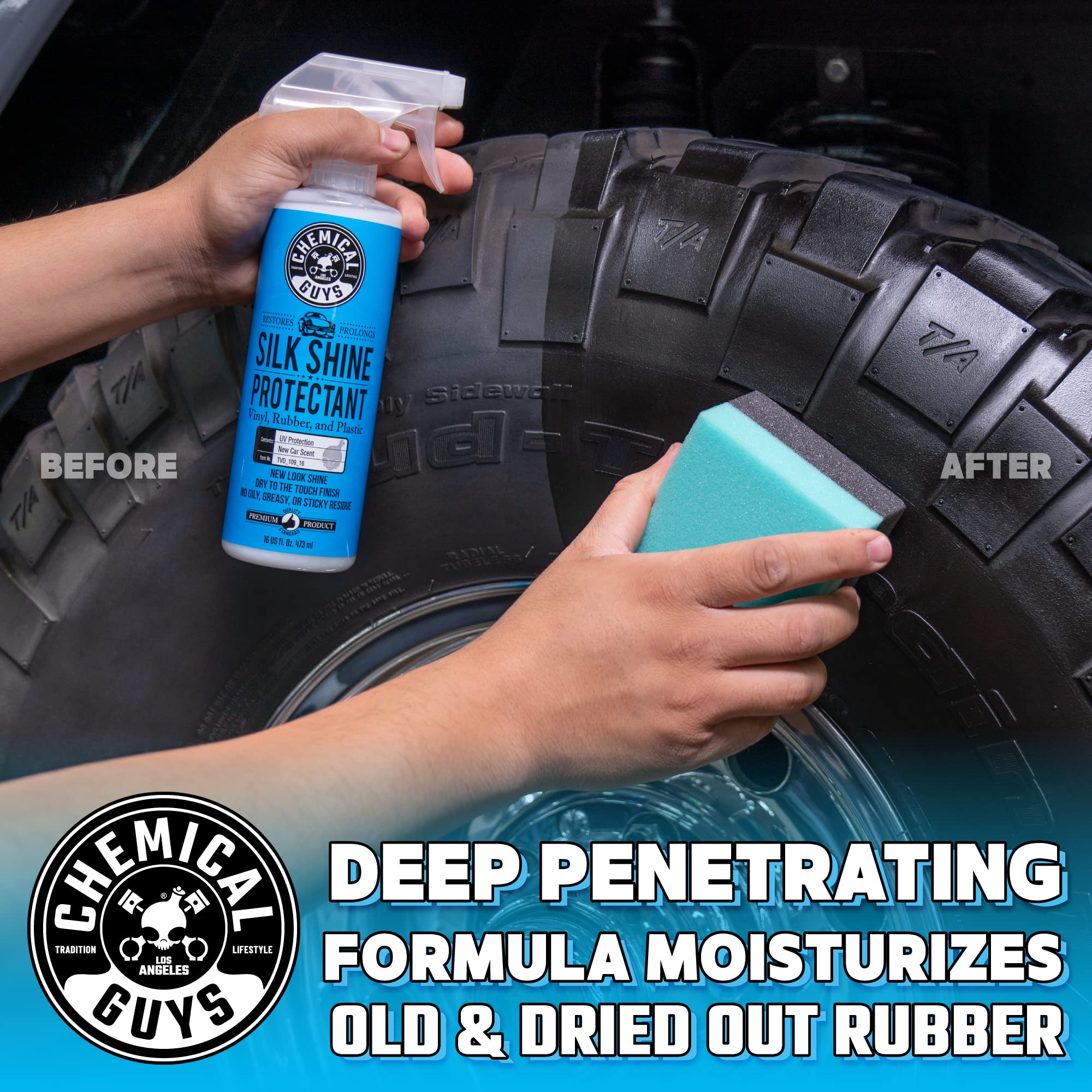 Silk Shine Chemical Guys Tire and Trim Dressing and Protectant – Non-Greasy Vinyl, Plastic & Rubber Spray, Plastic Restorer for Cars – Restores Shine for Cars, Trucks, Motorcycles, RVs, 128 oz