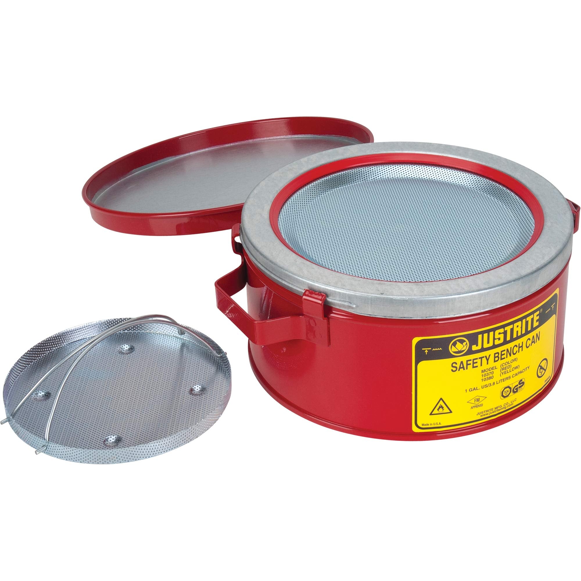 Justrite 10370 Safety Bench Can, 1 Gallon, 9 3/8" O.D, 4 1/2" H with 11171 Wire Basket