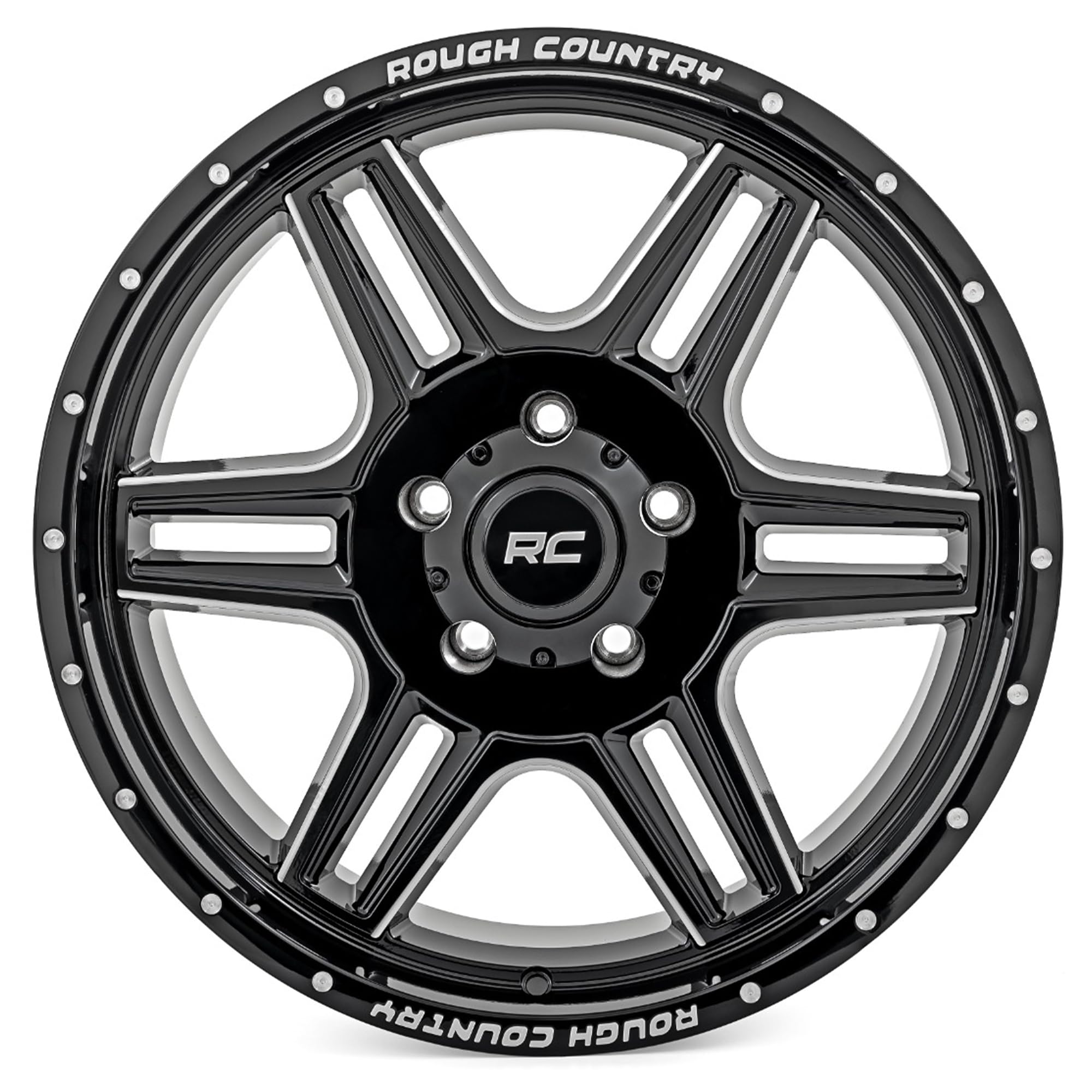 92 Series Rough Country Wheel - 18x9, 5x5.5 Bolt Pattern, +0mm Offset, Single-Piece Aluminum, Gloss Black with Milled Accents