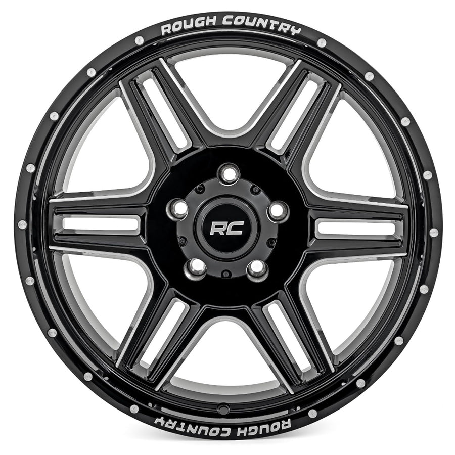92 Series Rough Country Wheel - 18x9, 5x5.5 Bolt Pattern, +0mm Offset, Single-Piece Aluminum, Gloss Black with Milled Accents