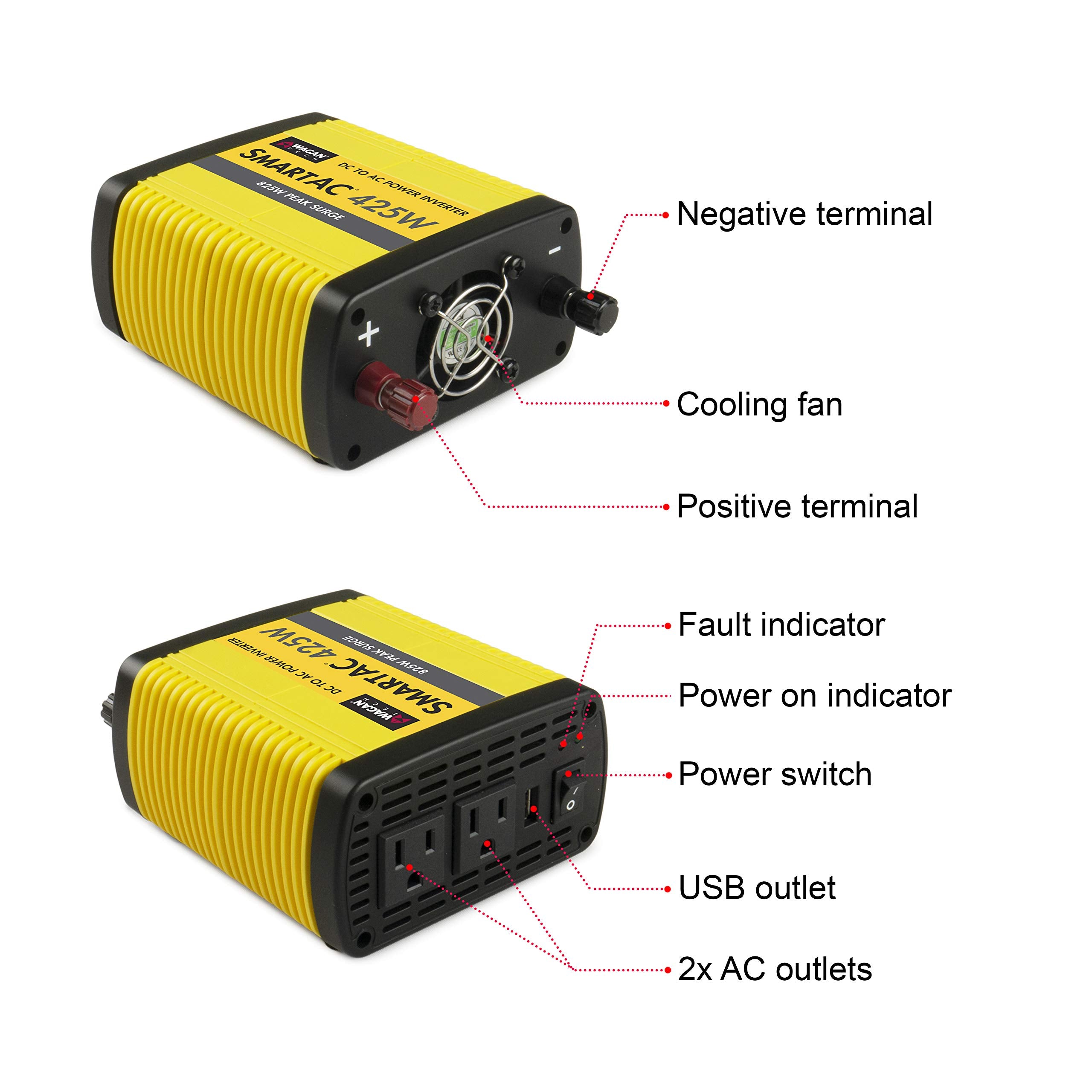 Wagan 425W EL3706 Power Inverter 425W TrueRated Continuous 825W Surge PowerAC to DC 12V to 110V AC Inverter with 2 AC Outlets and 2A USB Charging Port