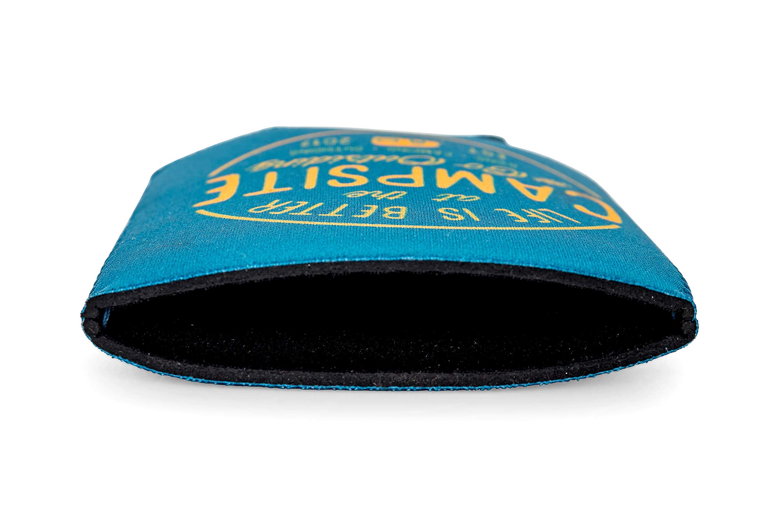 Camco Sleeve Life is Better at The Campsite – Neoprene Soda or Beer Coolie, Fits 12 oz. Cans, Navy Blue and Gold Seal – (53247)