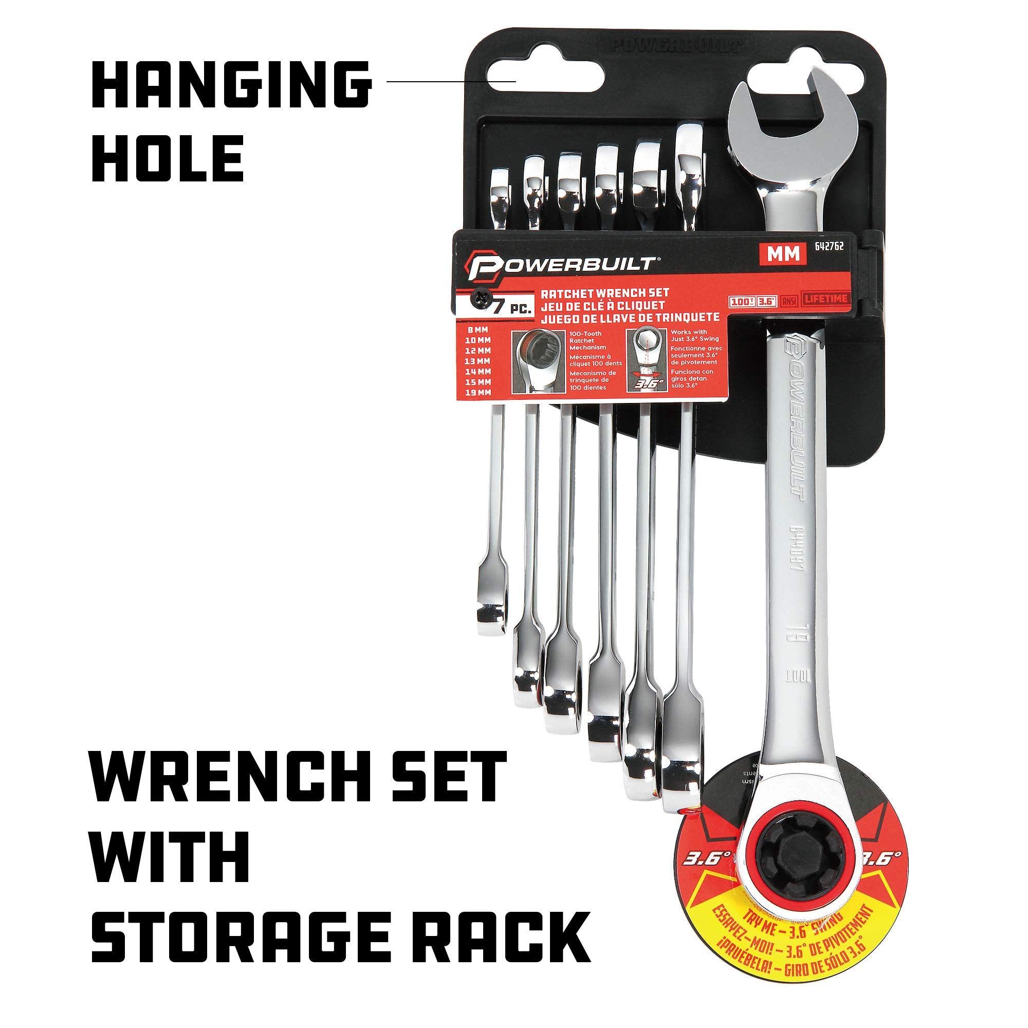 Powerbuilt 100 Tooth 7 Piece Metric Ratcheting Combination Wrench Set, 8mm 10mm 12mm 13mm 14mm 15mm 19mm, Color Ring, 3.6 degrees to engage, Storage Rack - 642762
