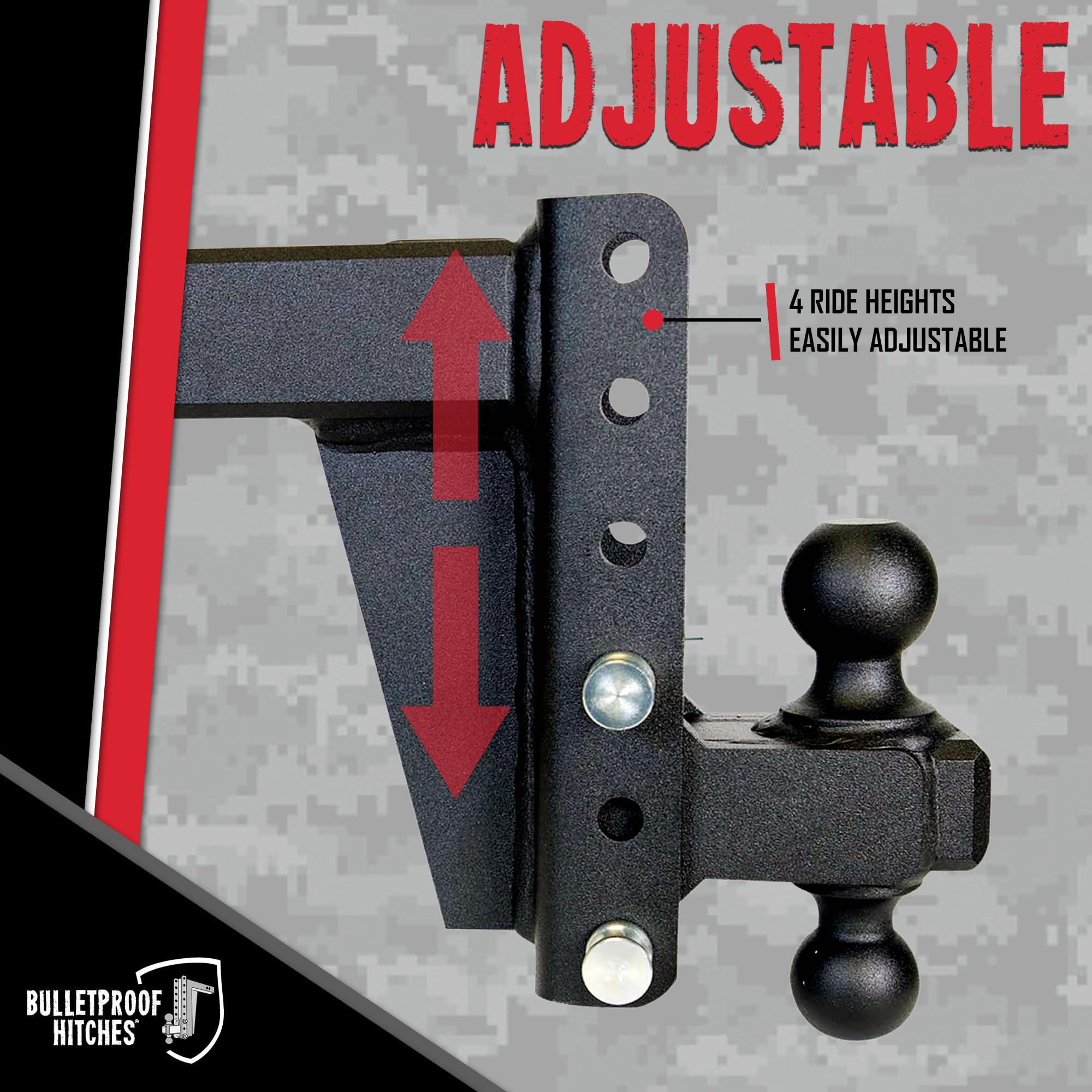 2.5" BulletProof Hitches Adjustable Extreme Duty Trailer Hitch (36,000lb. Rating) - 6" Drop/Rise with 2" and 2 5/16" Dual Ball - Powder Coat, Solid Steel, Corrosion-Resistant