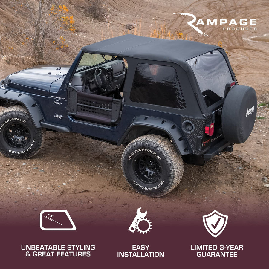 Rampage Products Trail Top Kit Frameless with Hardware | Vinyl, Black Diamond Color with Tinted Windows | 106635 | Fits 2004-2006 Jeep Wrangler LJ