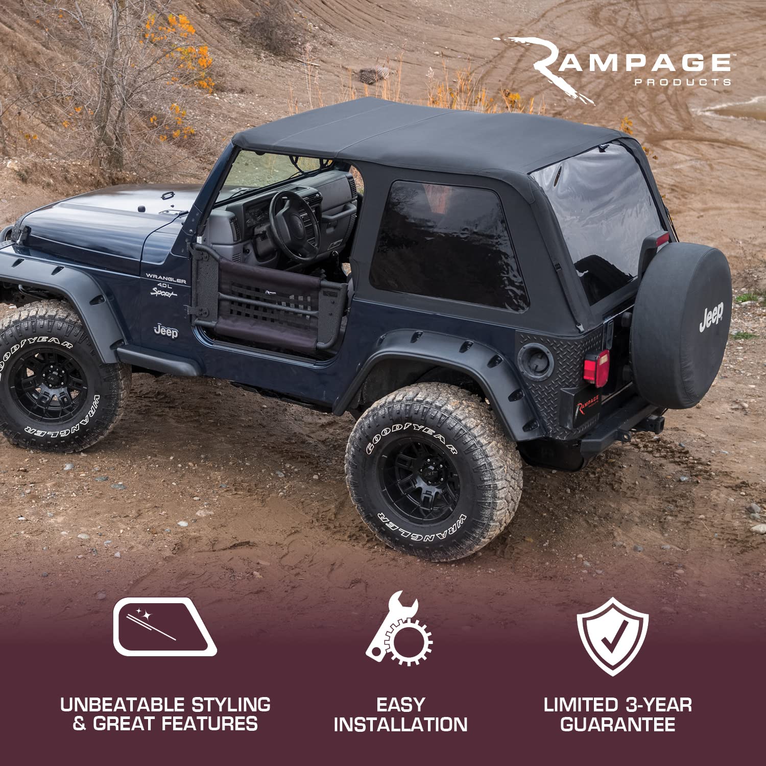 Frameless Trail Top RAMPAGE PRODUCTS for Jeep Wrangler TJ | Black Diamond, Vinyl | 139535 | Fits 1997-2006 Jeep Wrangler TJ 2-Door
