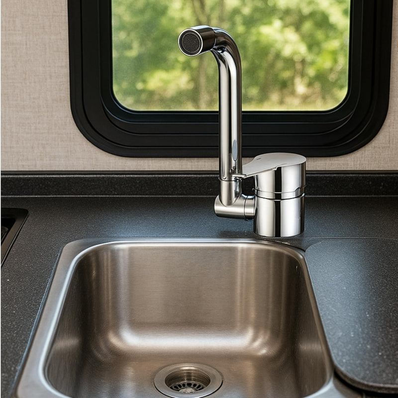 Folding RV Kitchen Faucet Dura Faucet (DF-MK510H-CP) – Chrome, 360° Rotating & Vertical Folding Spout, Single Lever Handle, Lead-Free, Easy Install Compact Sink Faucet