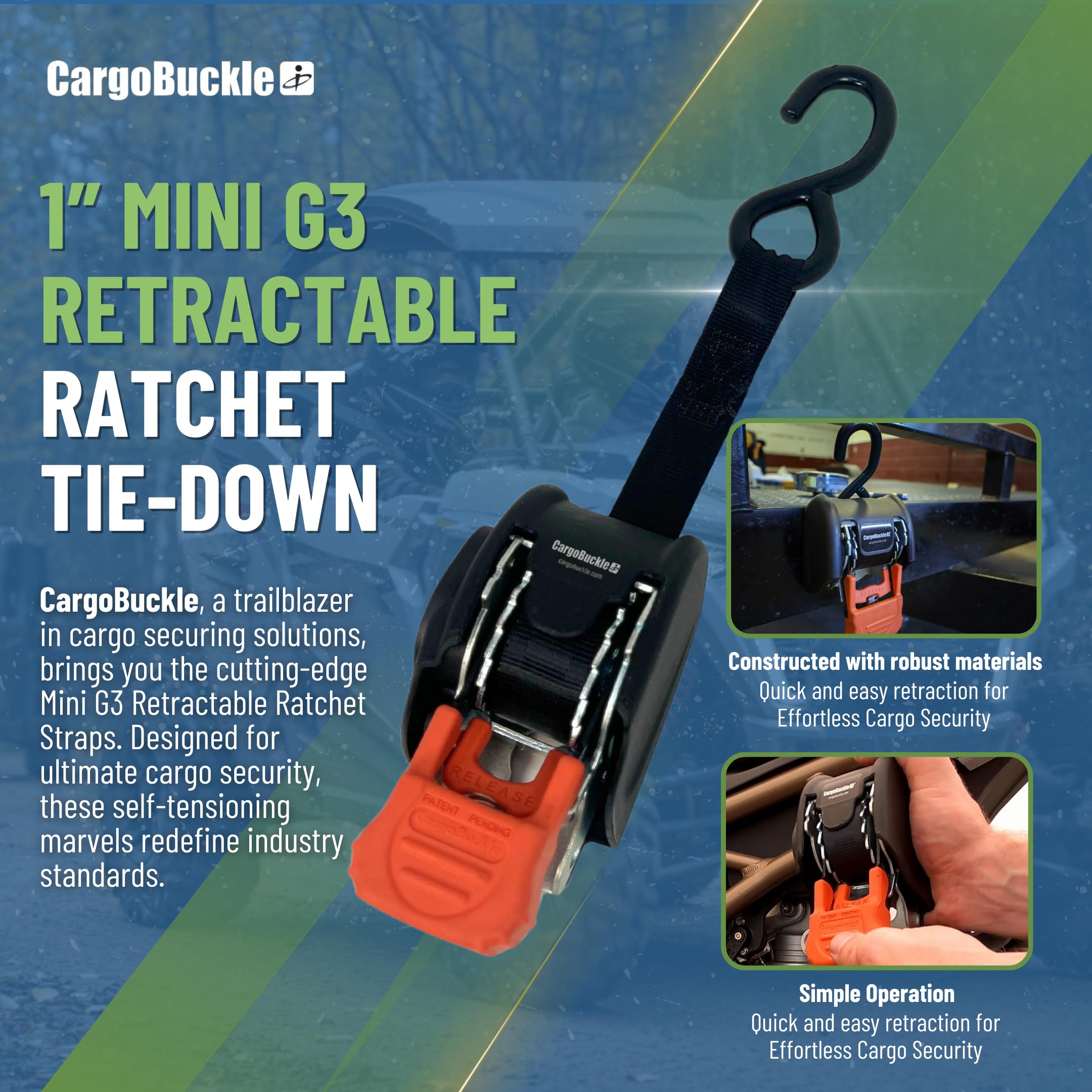 Mini G3 CargoBuckle Retractable Ratchet Straps, 1400 lbs Break Strength, 1-Inch Width X 6 ft Reach, Self Retracting Ratchet Straps for Trailers, Toy Haulers, ATVs, and Motorcycles - 2 Pack