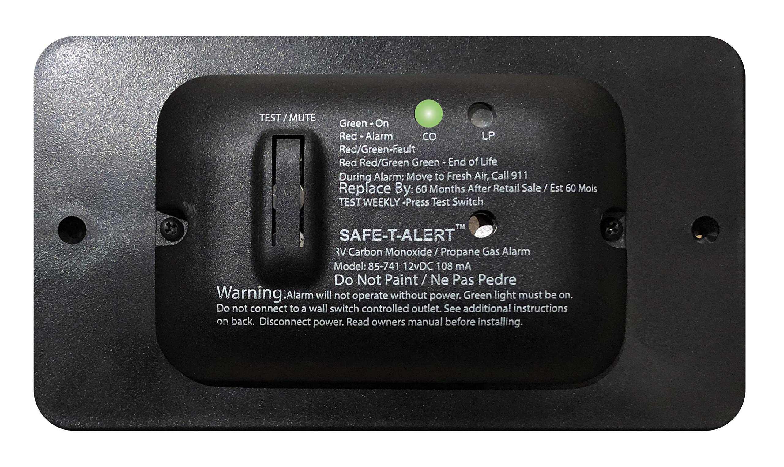 85 Series Safe-T-Alert Slim Line Dual CO & LP Alarm with Trim Ring - Black 85-741-BL-TR