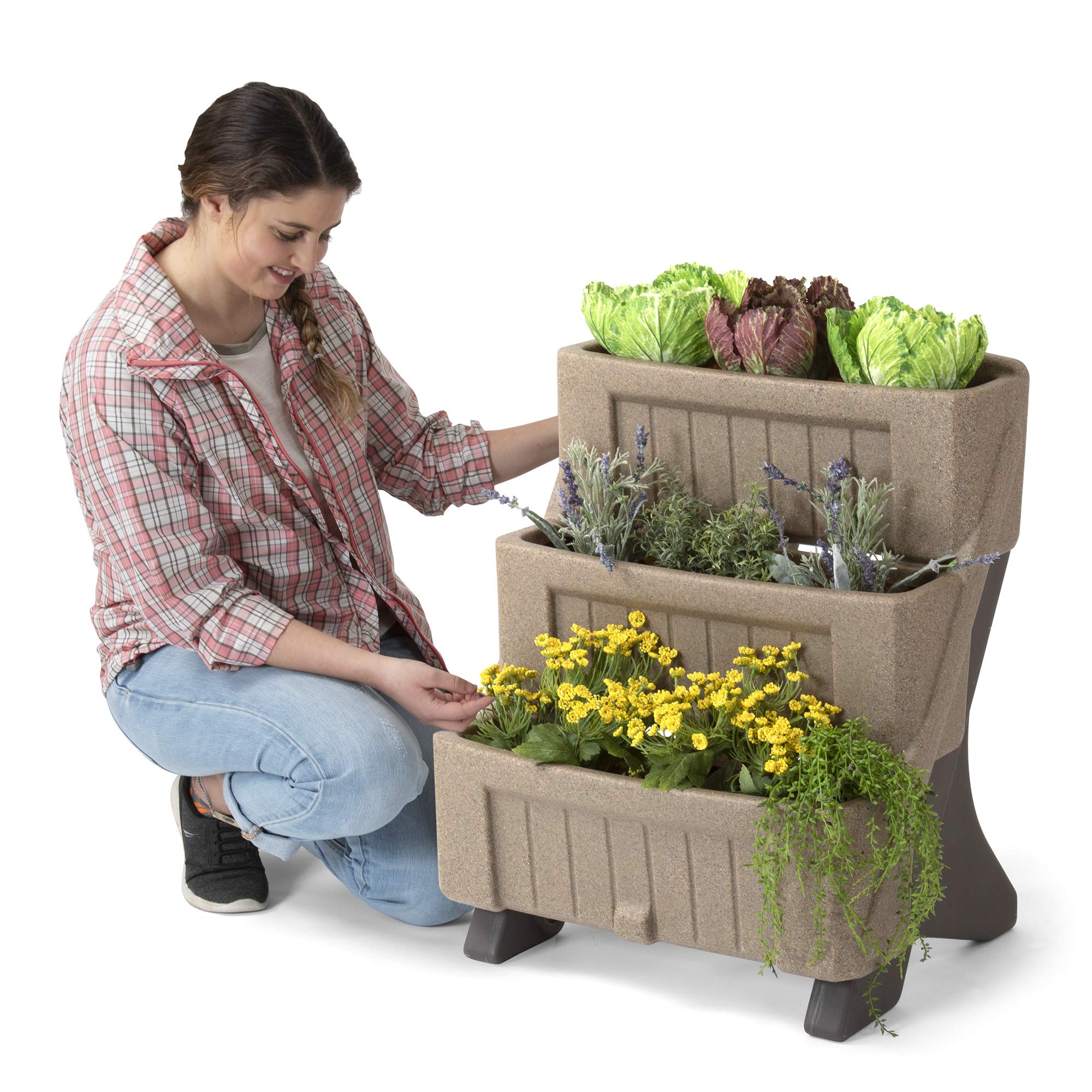 3-Level Simplay3 American Home Multi Tiered Planter, Larger Planter Boxes for Indoor and Outdoor Garden Beds, Natural Stone Color, Made in USA