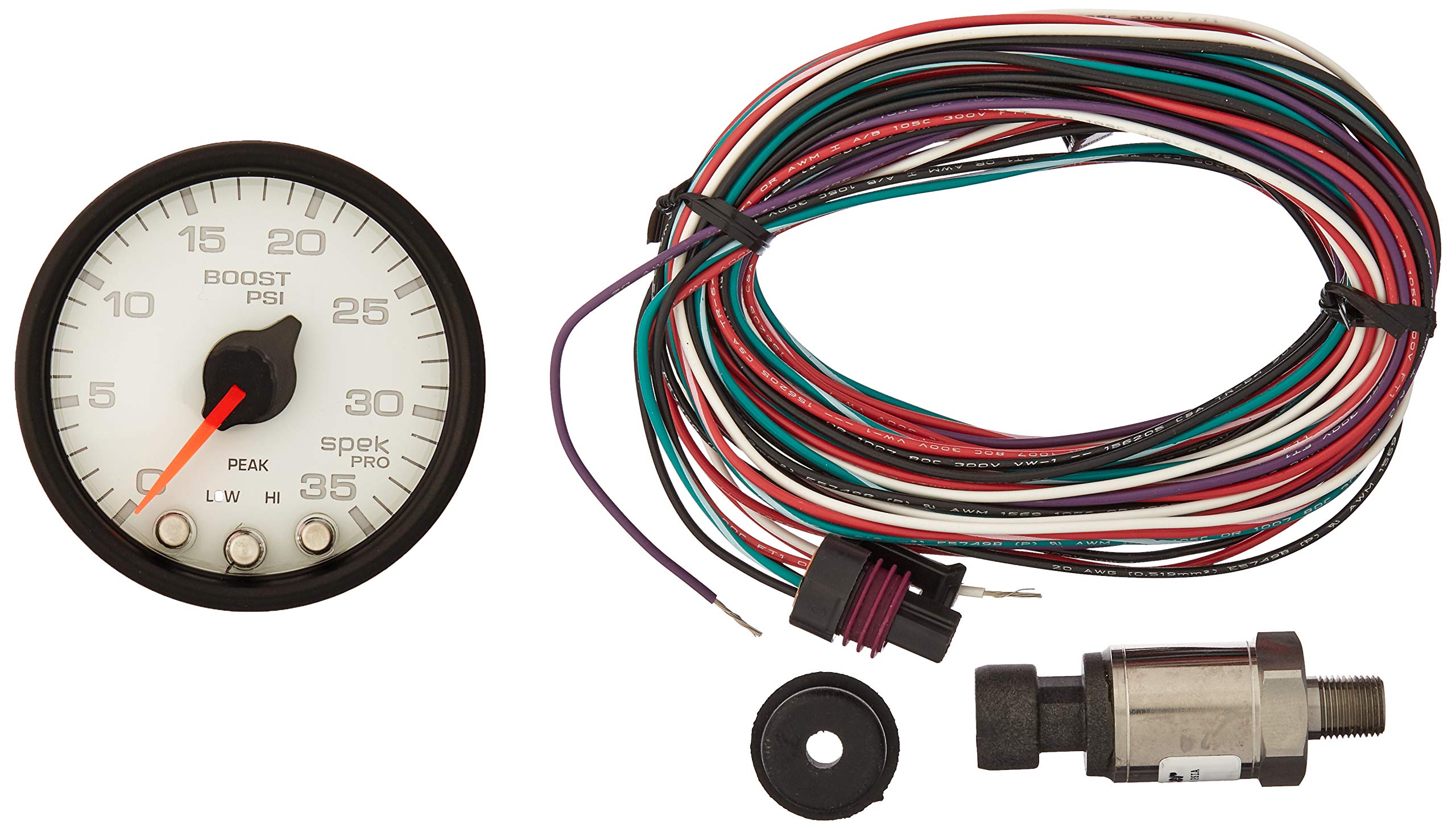 Gauge AUTO METER P30312 Boost (Spek-Pro 2 1/16", 35Psi, Stepper Motorwith Peak & Warn, White/Black, Spek-Pro)