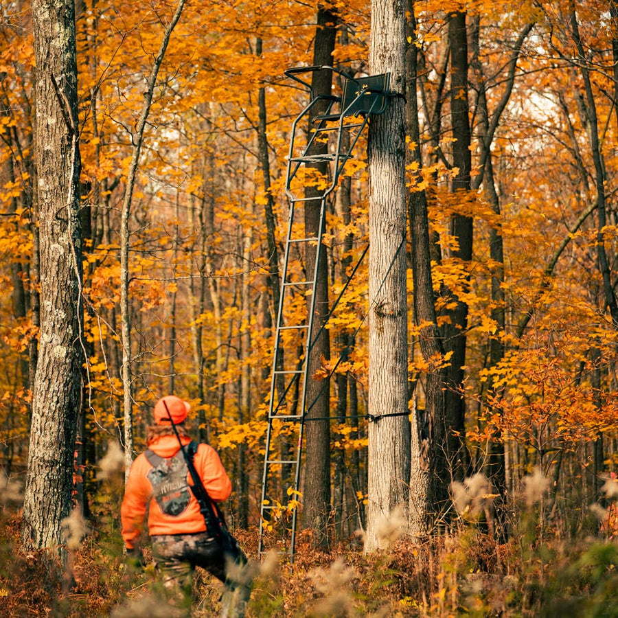 Relax Wide™ Rivers Edge 1-Man Ladder Stand, 16’9” Height, Wide TearTuff Mesh Seat, 23” Wide Platform, Removable Padded Shooting Rail, RE664