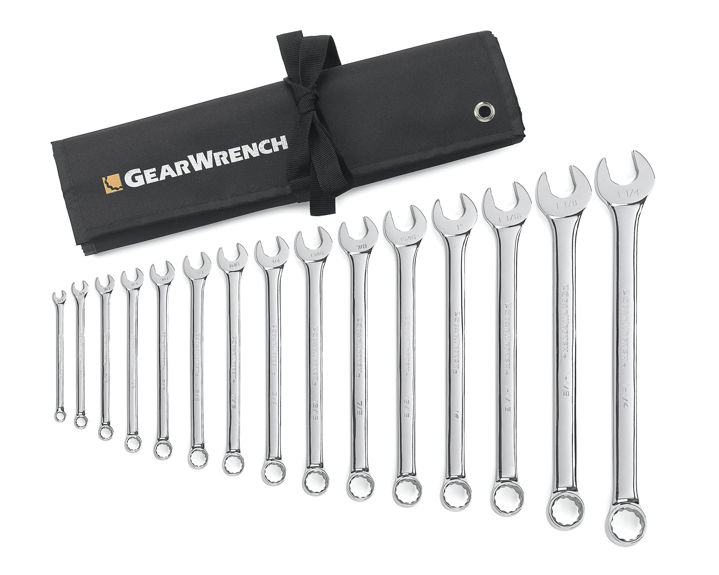 15 Pc. GEARWRENCH 12 Pt. Long Pattern Combination Wrench Set with Tool Roll, SAE - 81918