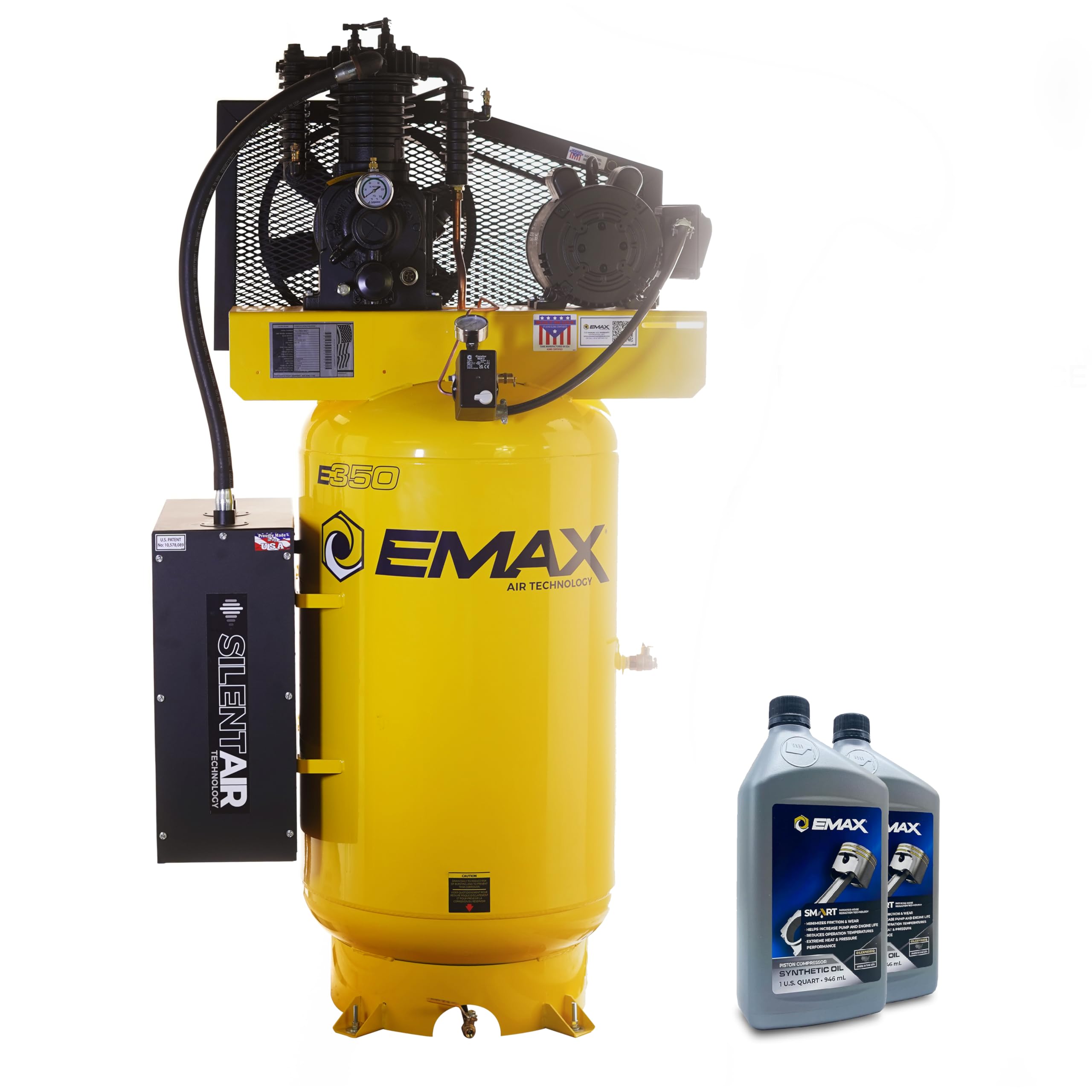 EMAX E350 Air Compressor Stationary - 5HP 80 Gal 2 Stage Silent System with Pressure Lubricated Pump, Includes Oil for First Change - ES05V080I1