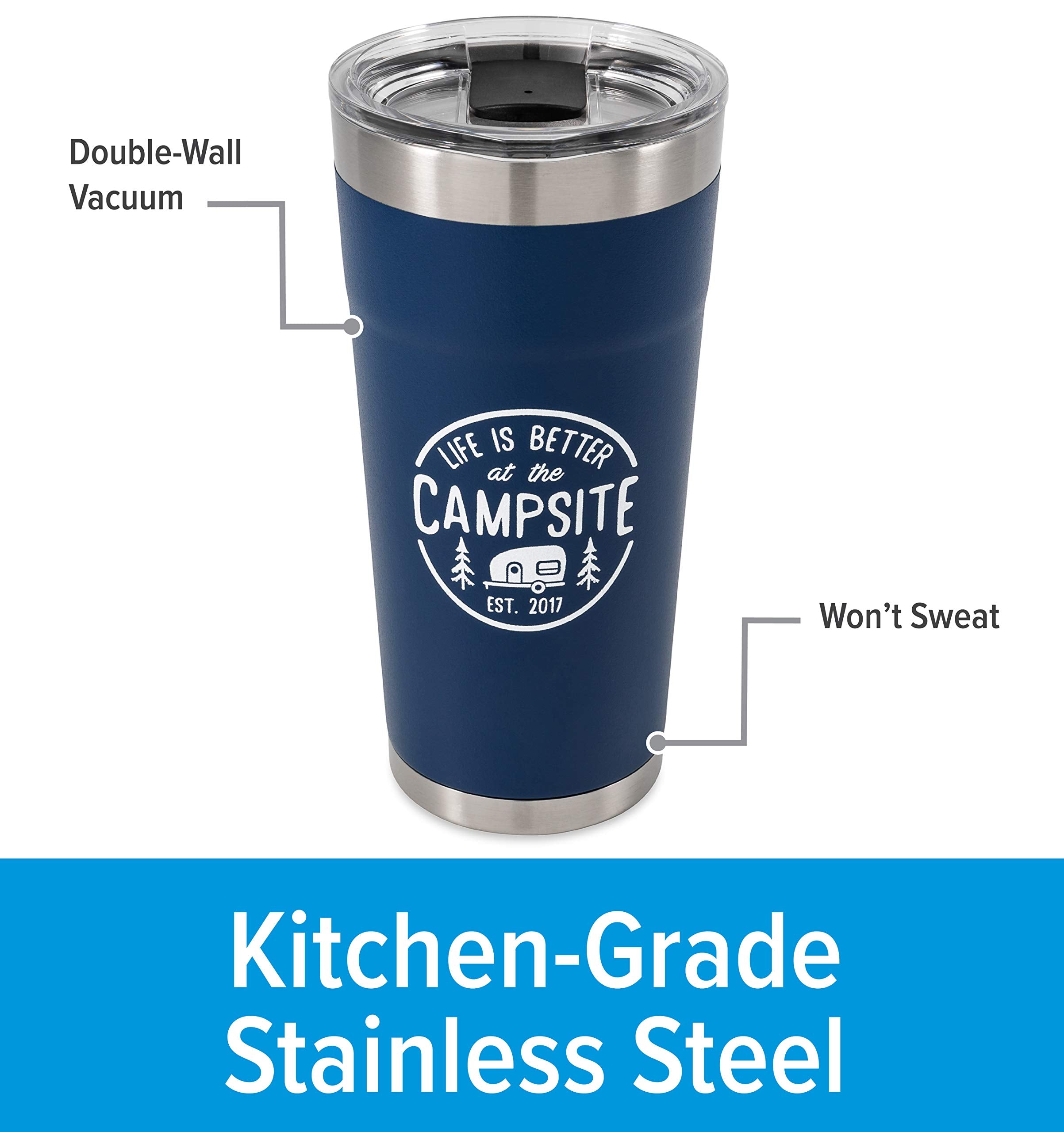 Stainless Steel Tumbler Camco Life is Better at The Campsite - Features Double Wall Vacuum Insulation for Heat/Ice Retention & Unique Life is Better At the Campsite Design - Holds 20 oz. (53323)