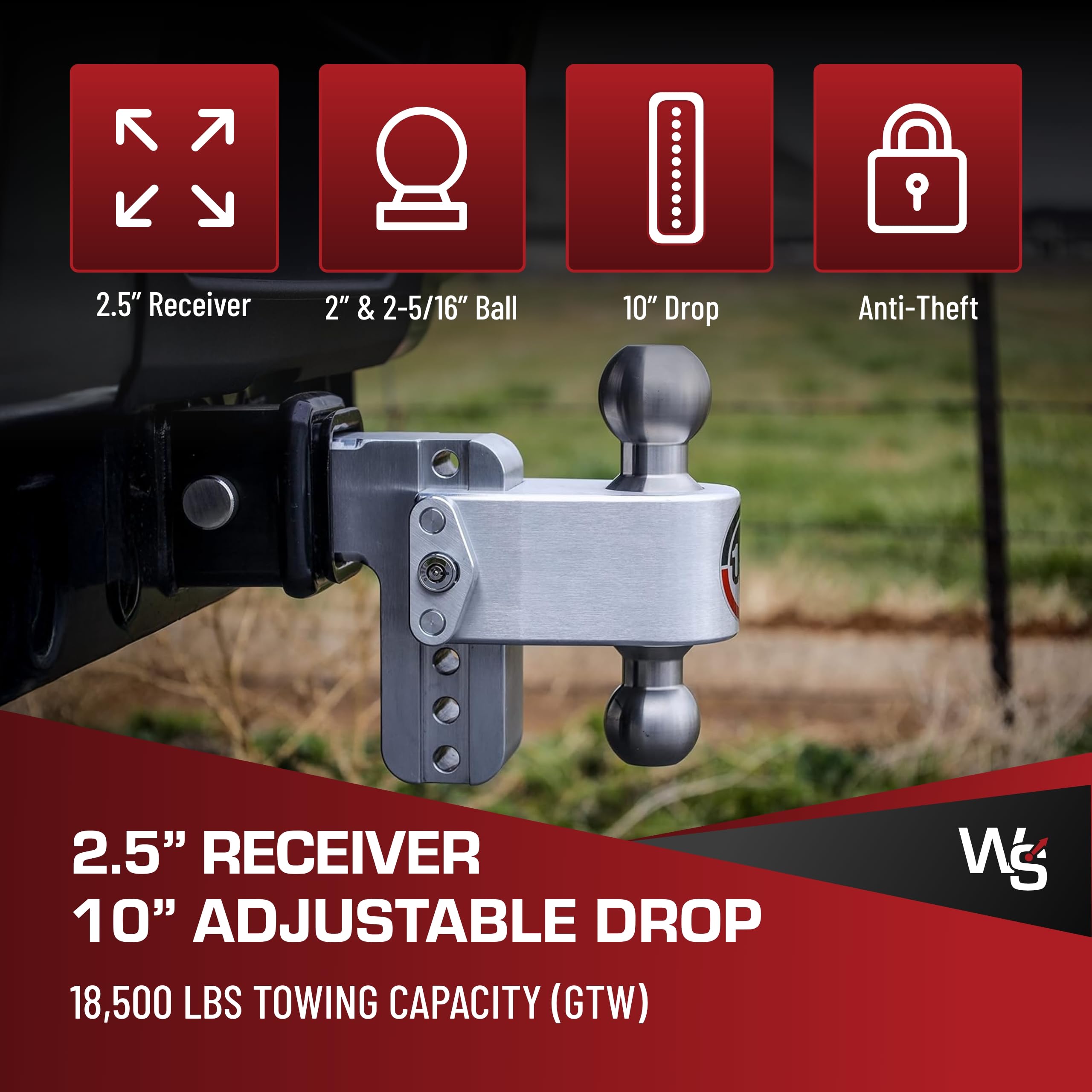 Weigh Safe Adjustable Hitch Trailer Ball Mount, 10" Adjustable Drop Hitch for 2.5" Receiver w/ 2 pc Keyed Alike Lock Set, Heavy Duty Aluminum Trailer Tow Hitch w/ Stainless Steel Tow Balls, 18,500 GTW