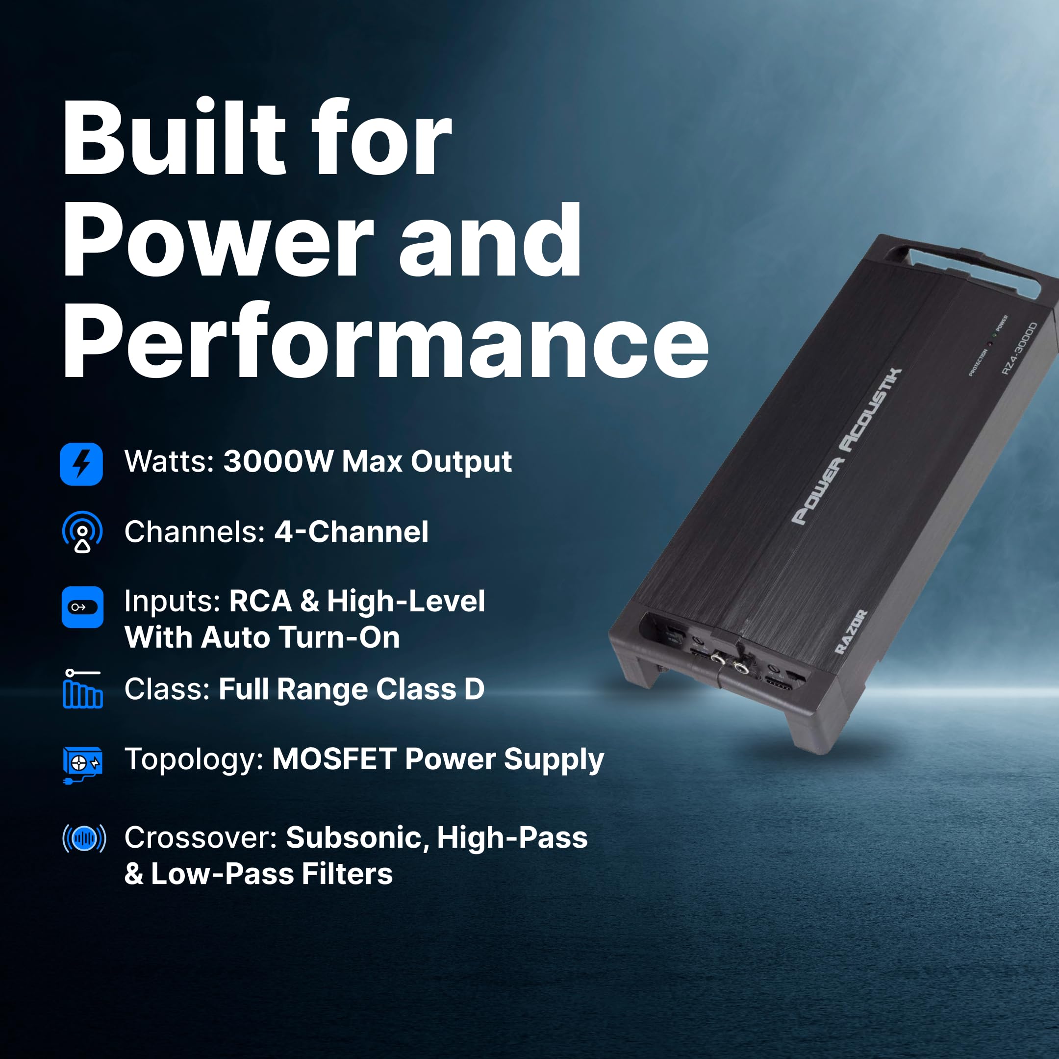Razor Series Power Acoustik RZ4 3000D Class D Full-Range & Monoblock Amp 4 Channels, 3,000 Watts Max