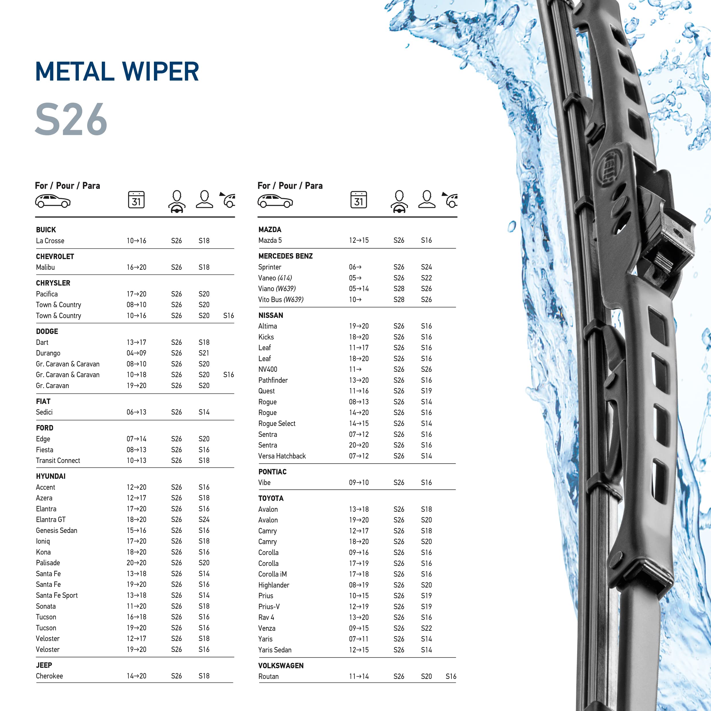 Hella 26 Inch OE Quality All Seasons Streak-Free Rubber Standard Wiper Blade (Single Blade) fits select Chevrolet Chrysler Dodge Ford Hyundai Jeep Mercedes-Benz Nissan Toyota Volkswagen / 398114026