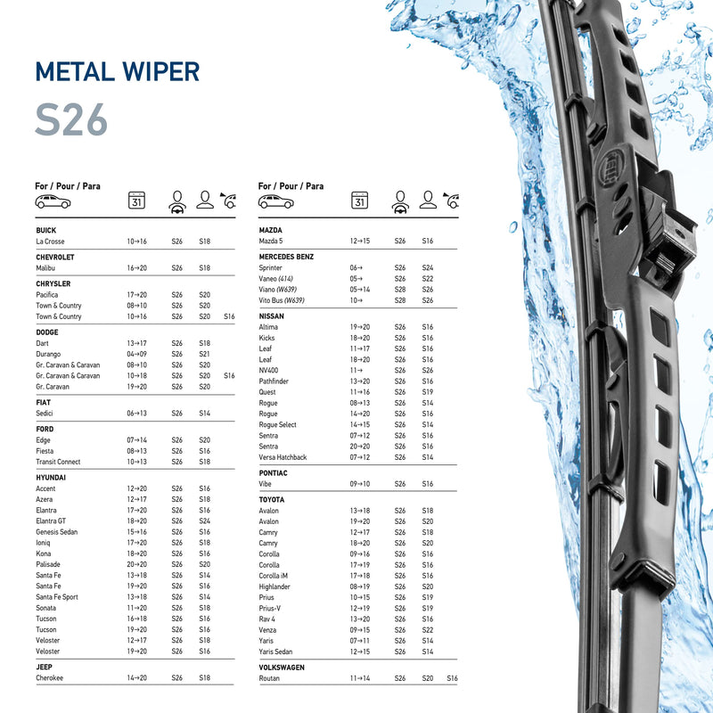Hella 26 Inch OE Quality All Seasons Streak-Free Rubber Standard Wiper Blade (Single Blade) fits select Chevrolet Chrysler Dodge Ford Hyundai Jeep Mercedes-Benz Nissan Toyota Volkswagen / 398114026