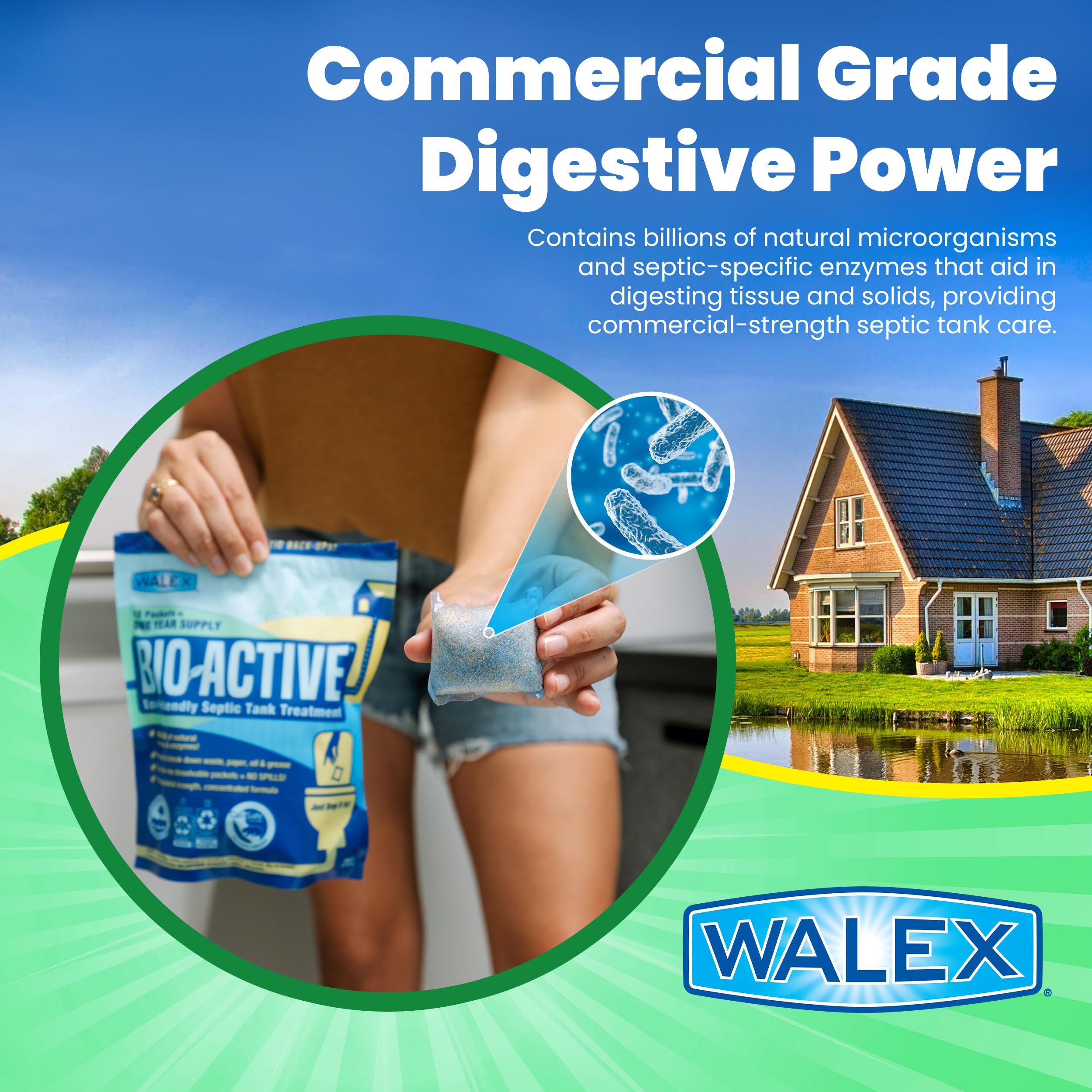 Bio-Active Walex Home Septic Tank Treatment - Strong Digestive Power with Beneficial Bacteria & Enzymes for Liquefying Solids & Breaking Down Waste, Odor Neutralizer -1 Year Supply, 12 Packets