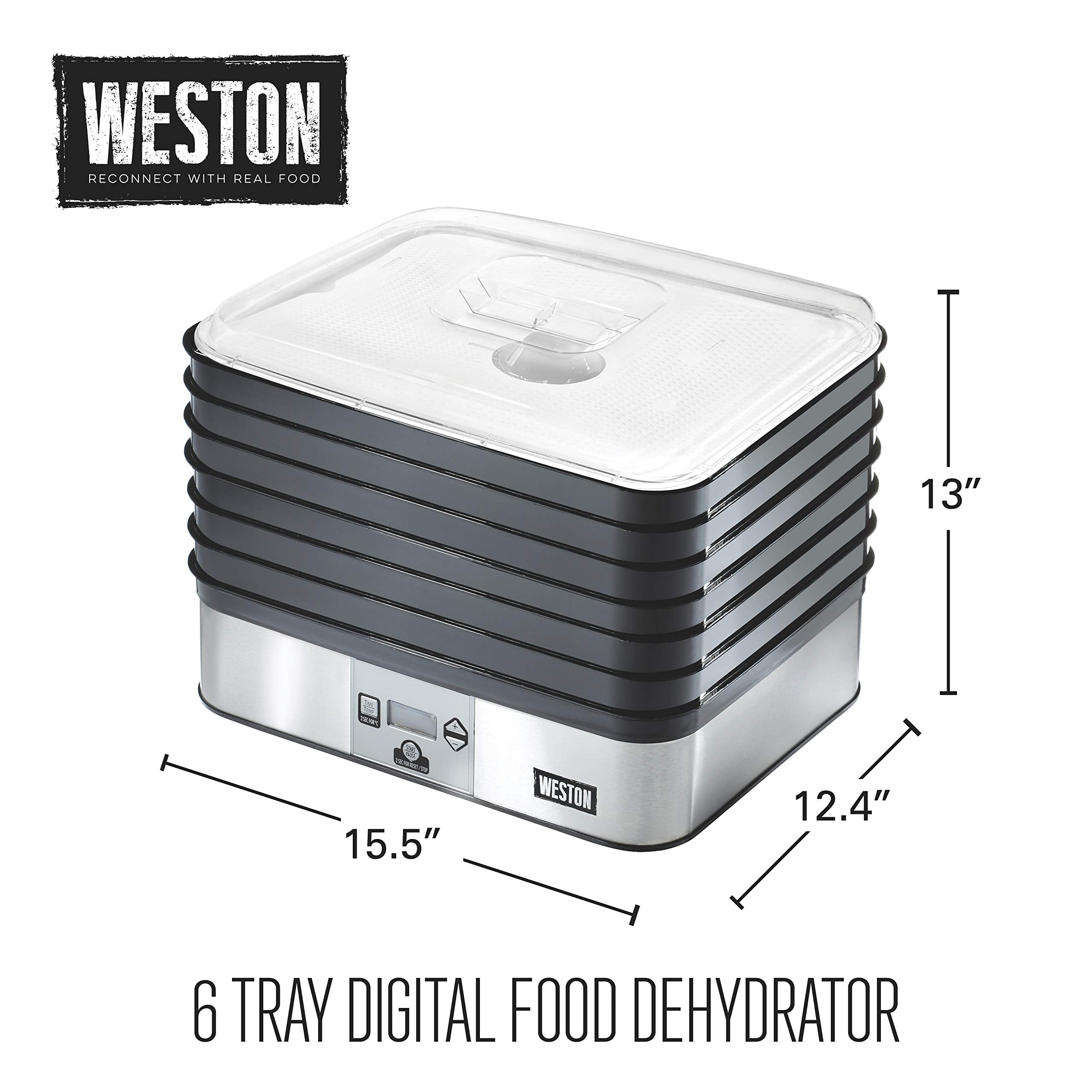 Weston Dehydrator Food Machine for Jerky, Fruit, Meat, Herbs, Vegetables, with Digital Temperature Control (100-160F), 6 Stackable Trays (7.4 sq. ft.), White (75-0450-W)