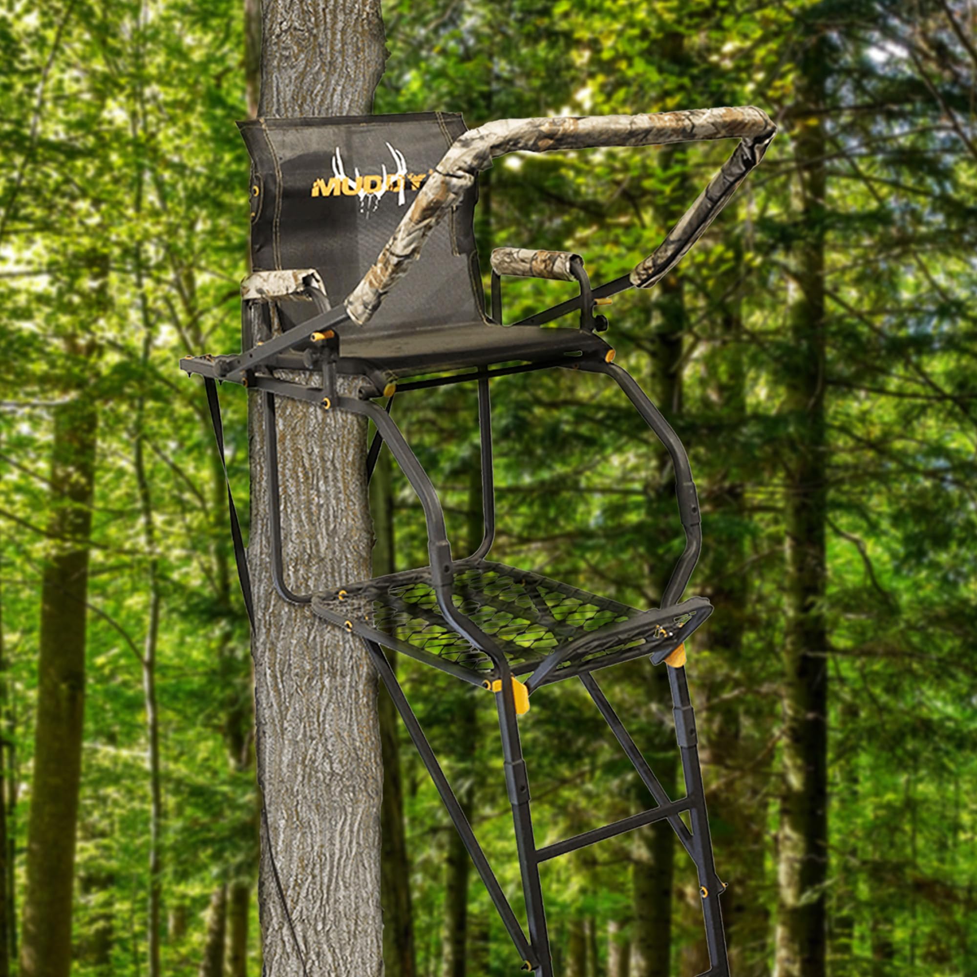 1-Person MUDDY Huntsman Deluxe Steel Ladder Tree Stand, 17 ft Tall, 300 lb Capacity - Heavy-Duty Hunting Treestand with Lumbar Support Seat, Flip-Back Adjustable Shooting Rail & Silencer Technology
