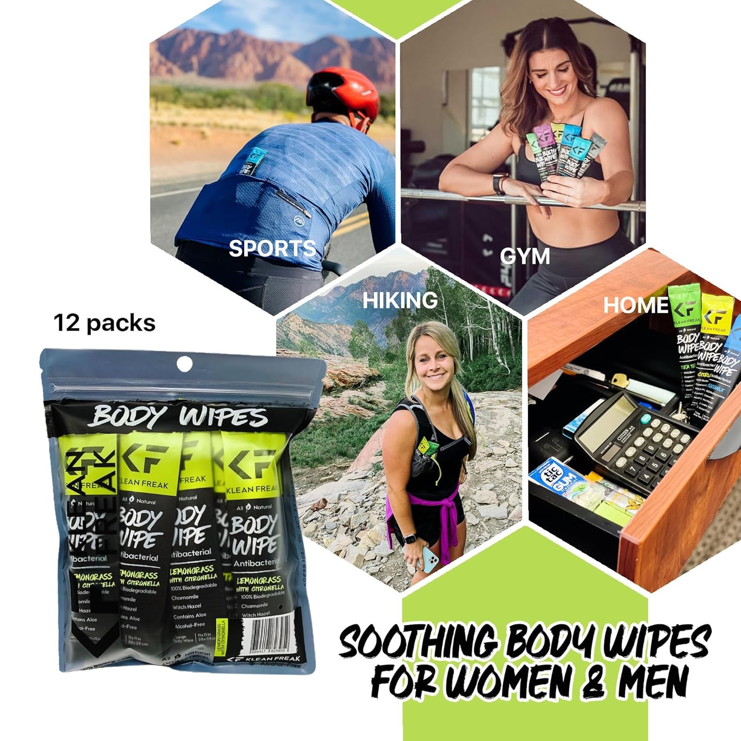 The Klean Freak Body Wipes - Individually Wrapped 12 count | Showerless Body Wipe for Women & Men | Sustainable Bodywipes for Gym, Travel, Camping | Lemongrass Citronella