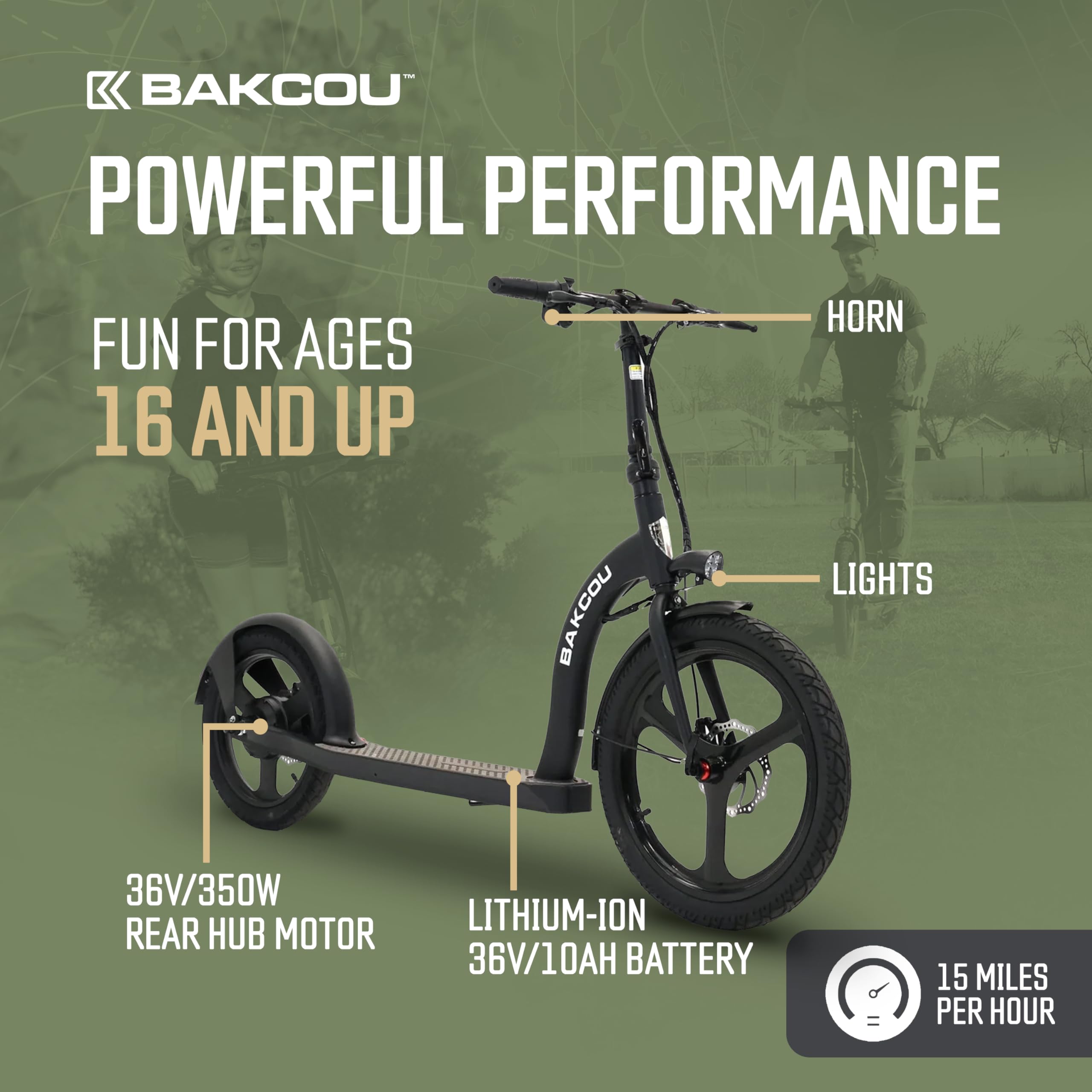 Bakcou - Electric Scooter Foldable Badger with Seat - Matte Black - 350W Motor 36V Battery, Large Wheels, Disc Brakes with Lights, Horn & Charger
