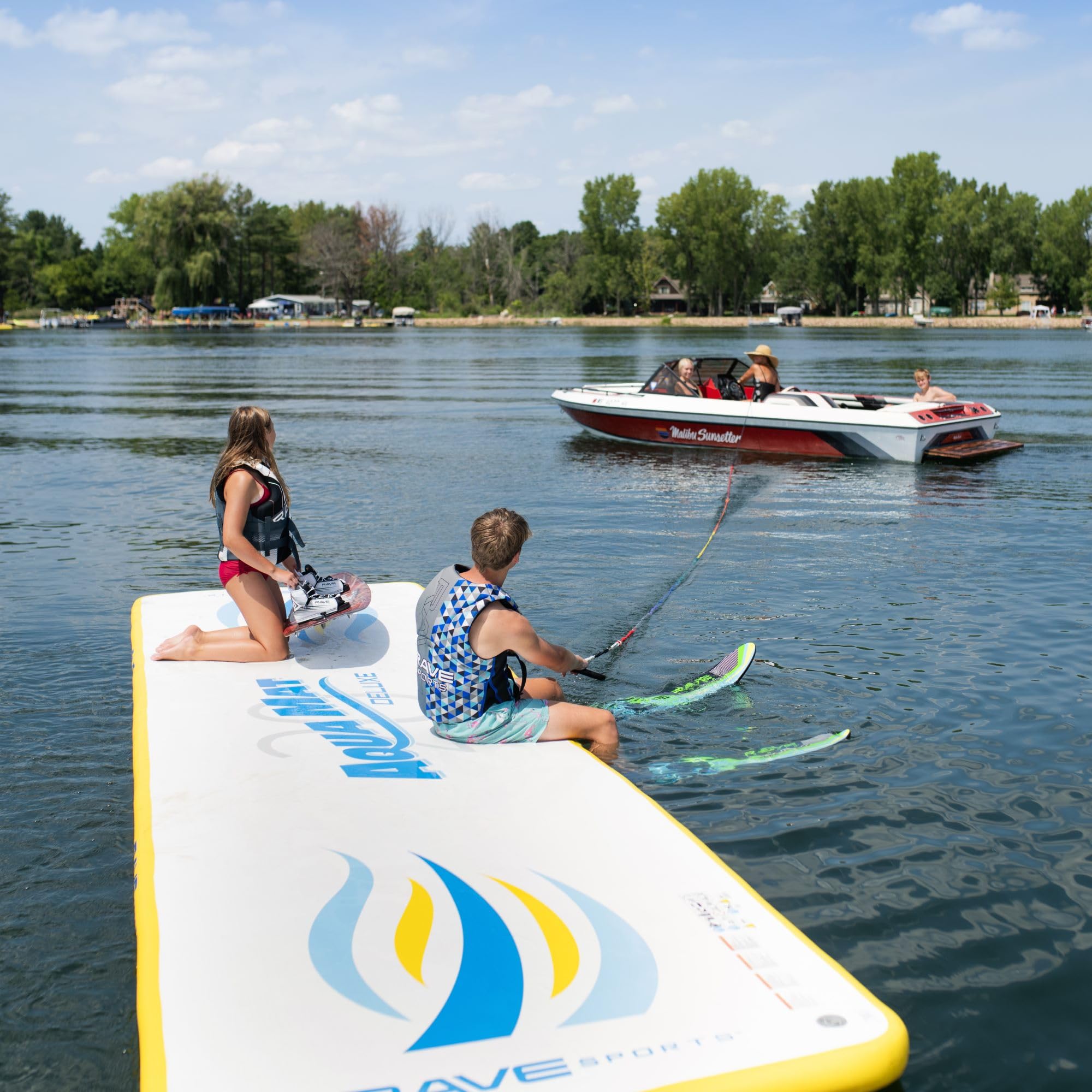 Aqua Mat Deluxe Rave Sports Inflatable 20 Floating Mat, Platform and Swim Dock with Dropstitch PVC Construction, 20' x 5', Supports 1500 lbs