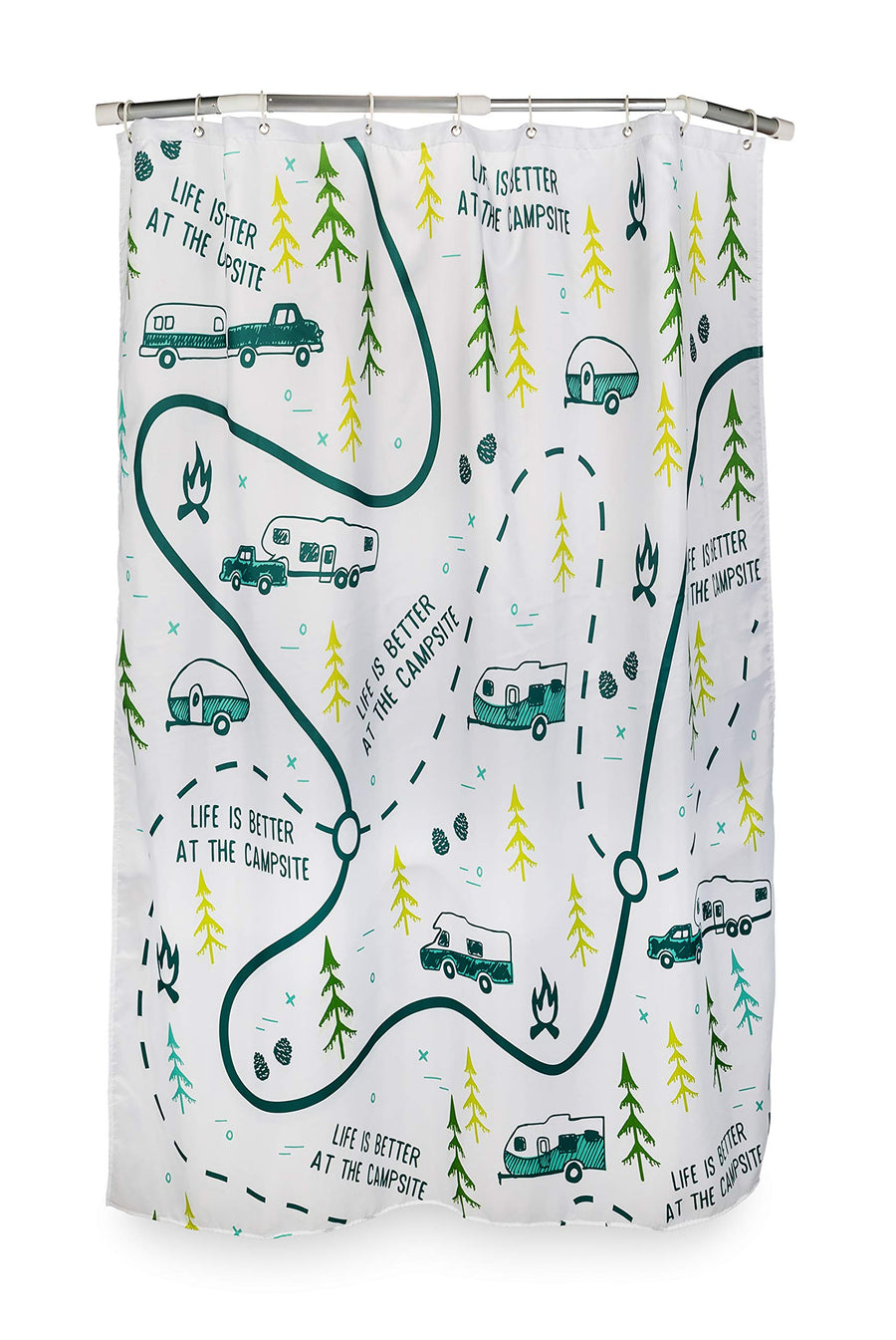 Camco RV-Sized Shower Curtain, Life is Better at The Campsite Features Map Design - Sized to Fit Most RV Showers - Includes (12) Plastic Rings (53245)