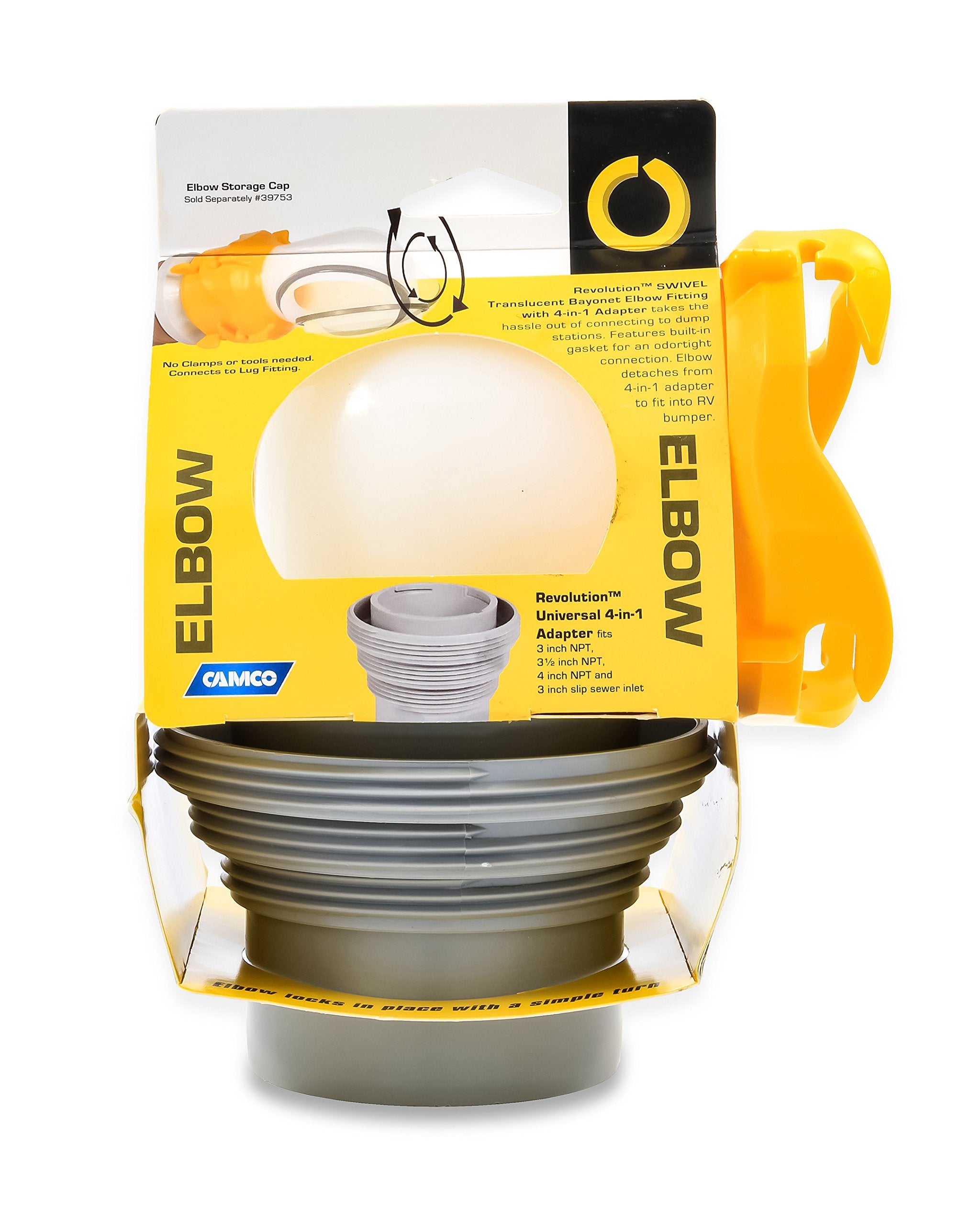 Camco RV Sewer Hose Bayonet Elbow Revolution | Features a Built-In Gasket for an Odor-Tight Connection, a 360-Degree Swivel for Easy Install, and Includes a 4-in-1 Adapter (39471)