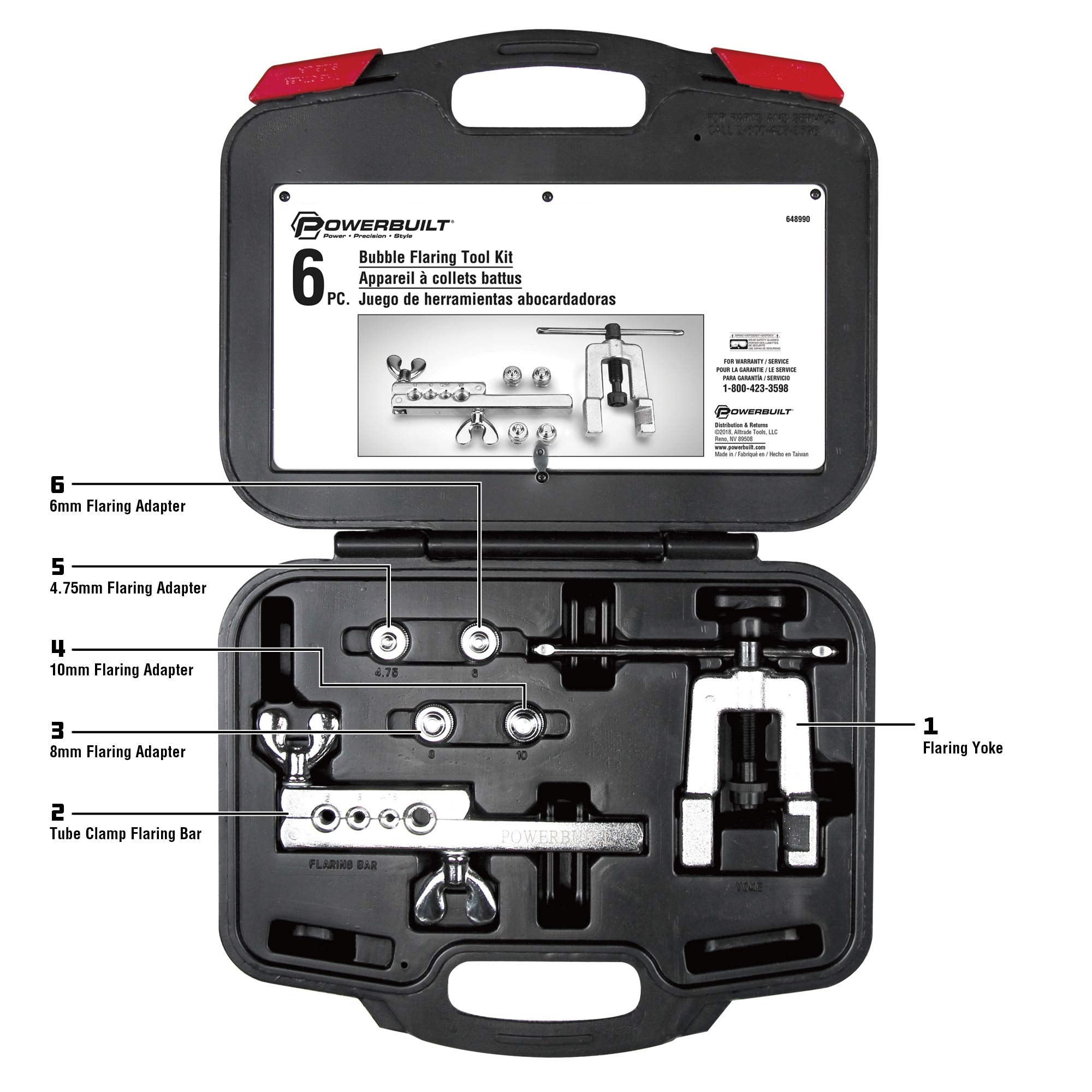 Powerbuilt Flaring Tool Set ISO for Hydraulic Brake Lines, 6 Piece Car Service Kit, Yoke, T-Handle, Adapters, Storage Case - 648990