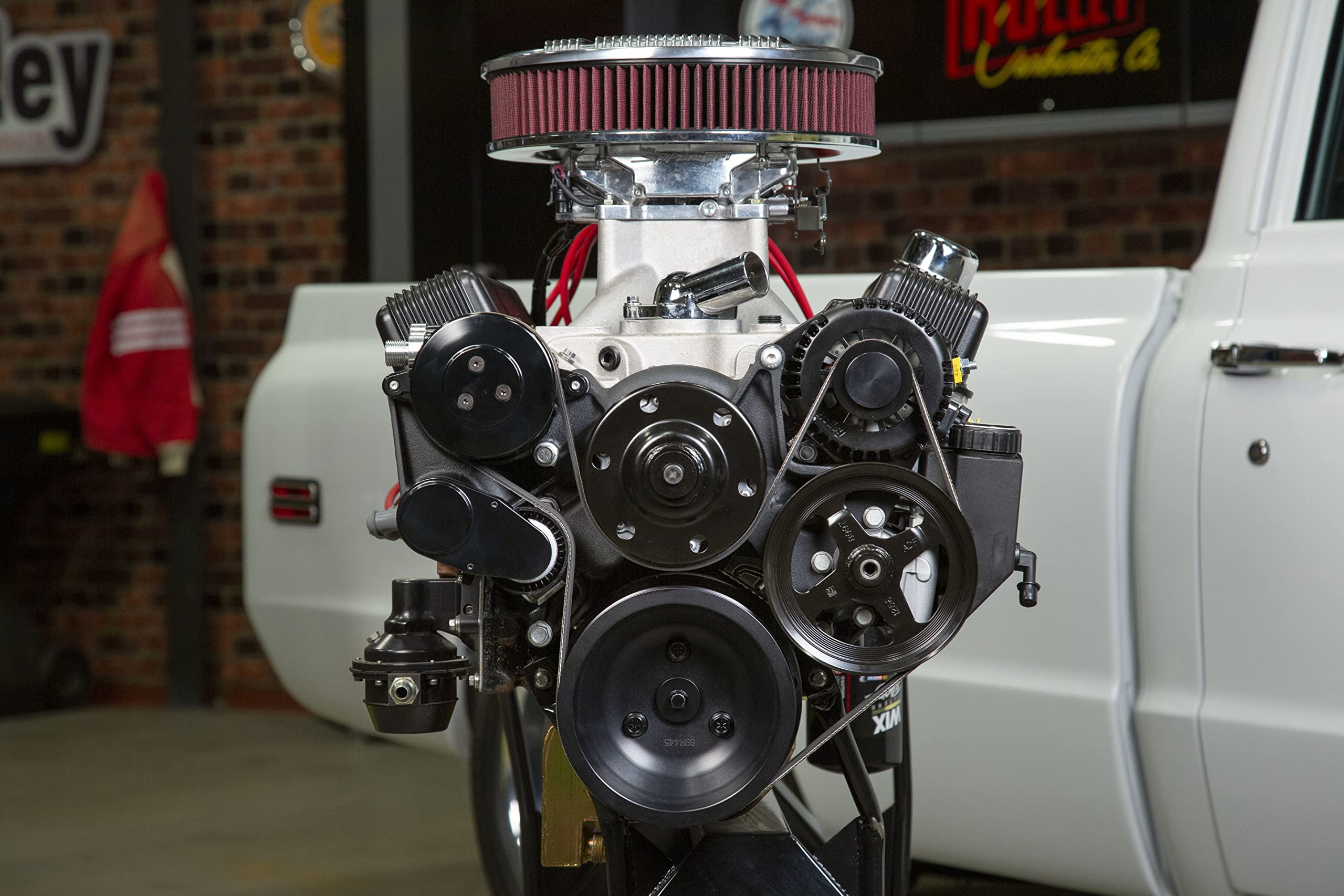 Holley Complete SBC Front Accessory Serpentine Drive Conversion System | Mid-Mount with Water Pump, Alternator, A/C & Power Steering | Fits Small Block Chevy Black Finish 20-240BK