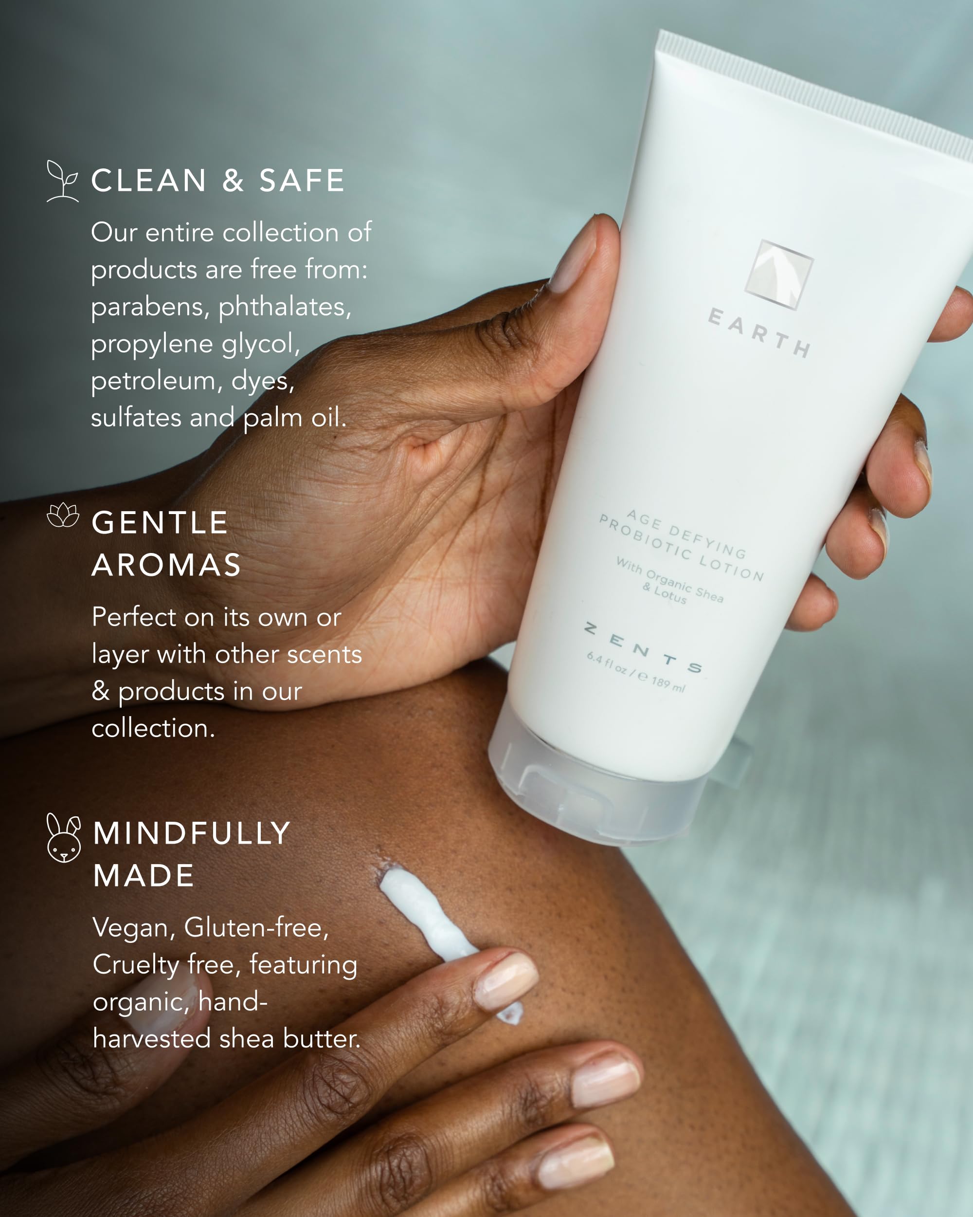 Zents Probiotic Age-Defying Body & Hand Lotion (Earth) | Moisturizing Lotion with Hyaluronic Acid & Organic Shea Butter | Nourishes & Hydrates Skin | 6.4 fl oz