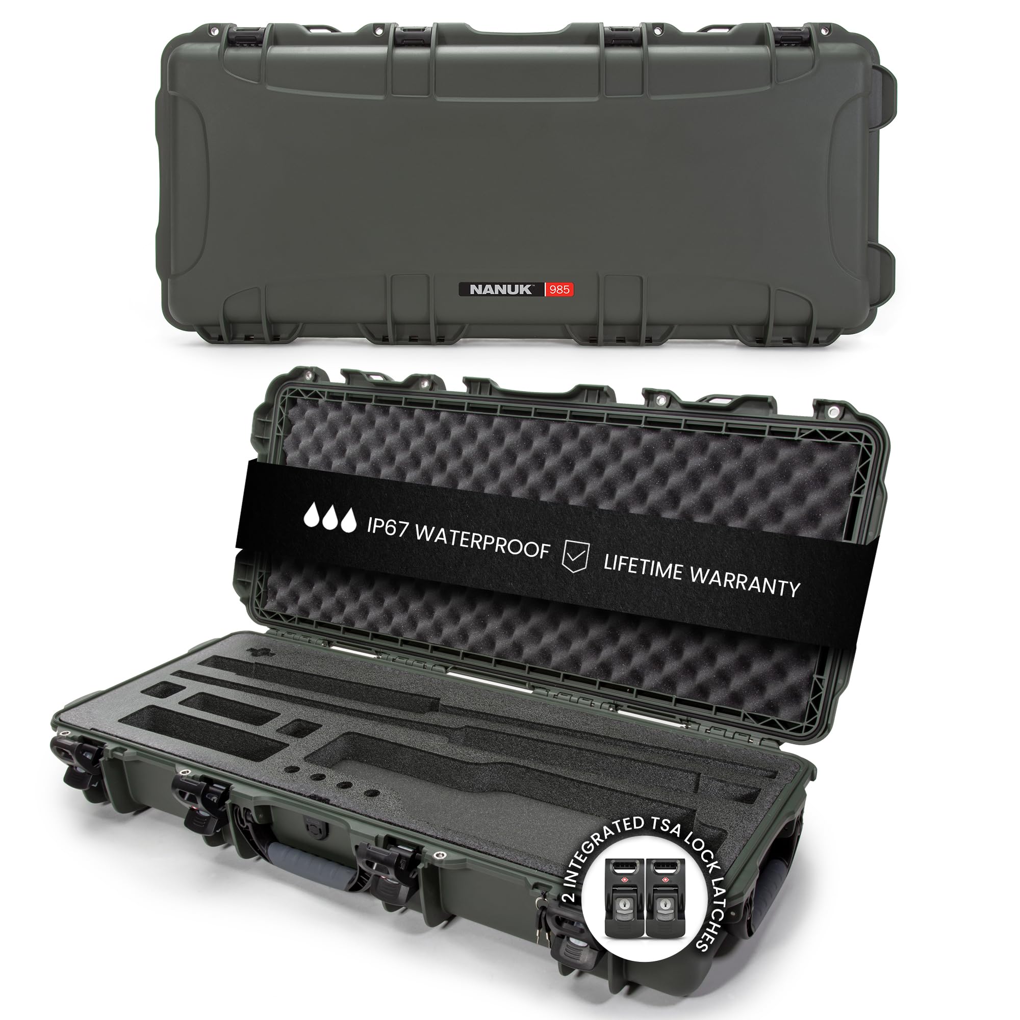 Hard Case NANUK 985 40” with Wheels & Custom Fit Foam Insert, IP67 Waterproof & Crushproof, Rugged Construction for Ultimate Protection, Made in North America – Olive (39.7” x 17.3” x 6.6”)
