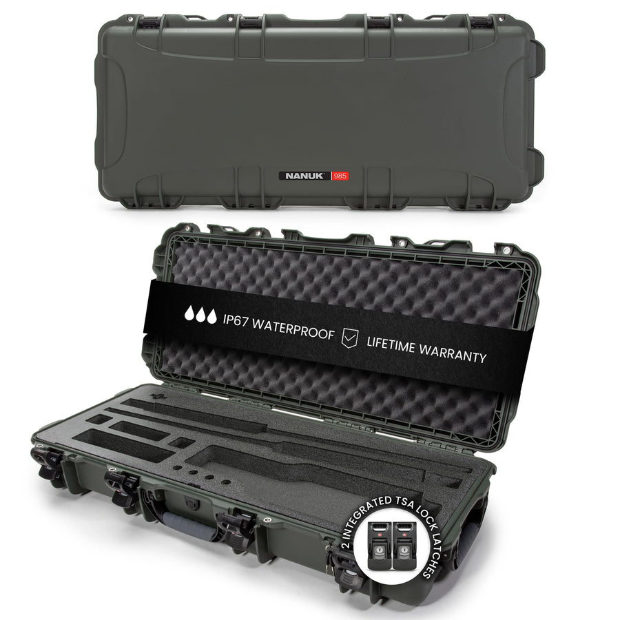 Hard Case NANUK 985 40” with Wheels & Custom Fit Foam Insert, IP67 Waterproof & Crushproof, Rugged Construction for Ultimate Protection, Made in North America – Olive (39.7” x 17.3” x 6.6”)