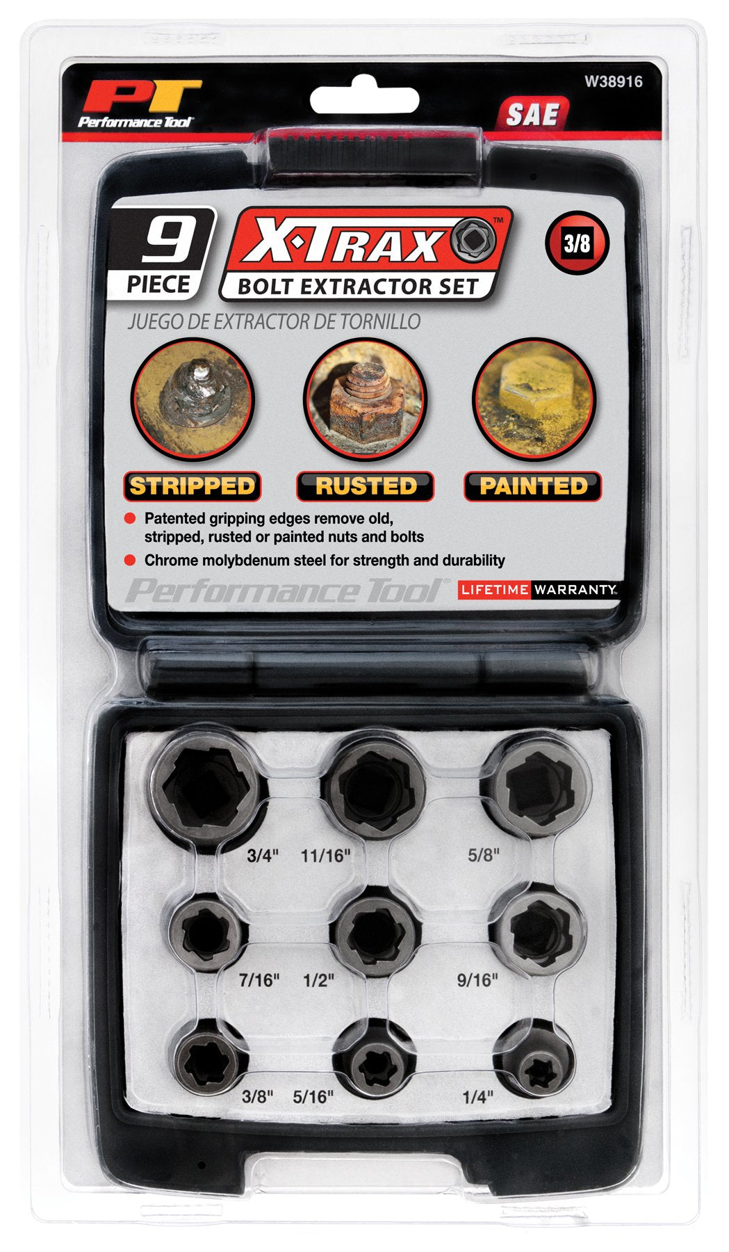 W38916 Performance Tool 3/8-Inch Drive 9 Piece Bolt Extractor Set SAE