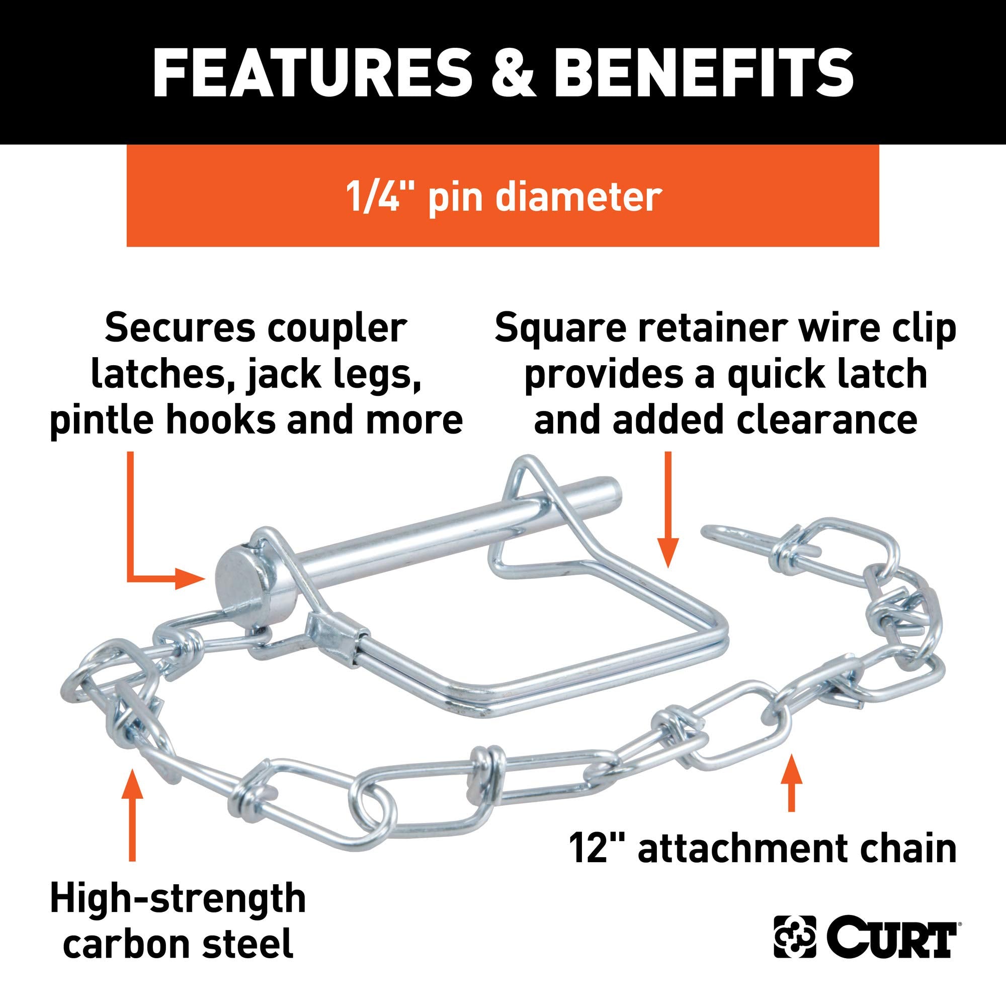 Trailer Coupler Pin CURT with 12-Inch Chain, 1/4-Inch Diameter x 2-3/4-Inch Long
