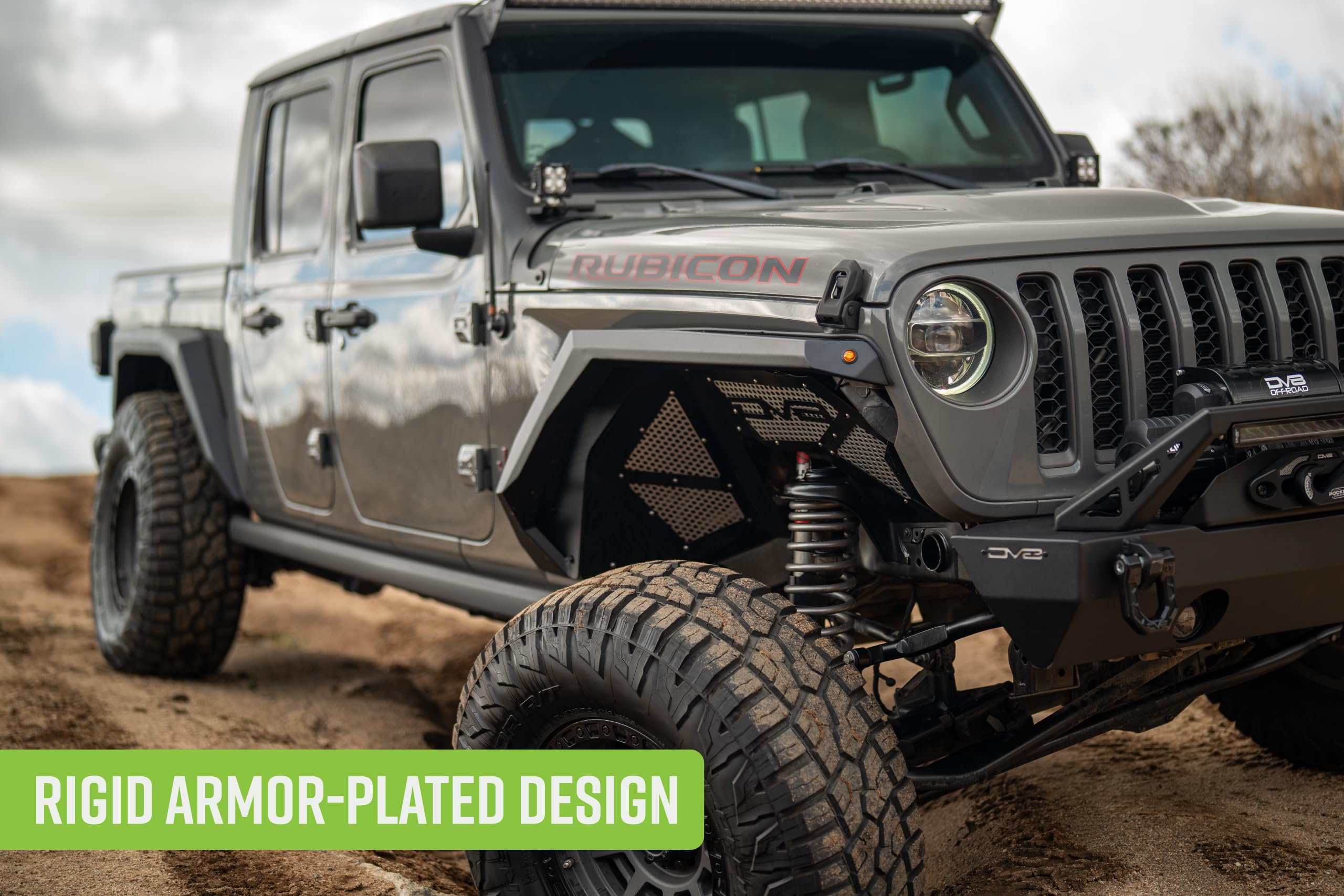 Armor Fender Flares DV8 Offroad for 2020-2025 Jeep Gladiator JT | Rigid Armor-Plated Steel Design | Narrow Width | Paintable Aluminum Accent Panels | (2) Amber Turn Signals | Powder Coated Black