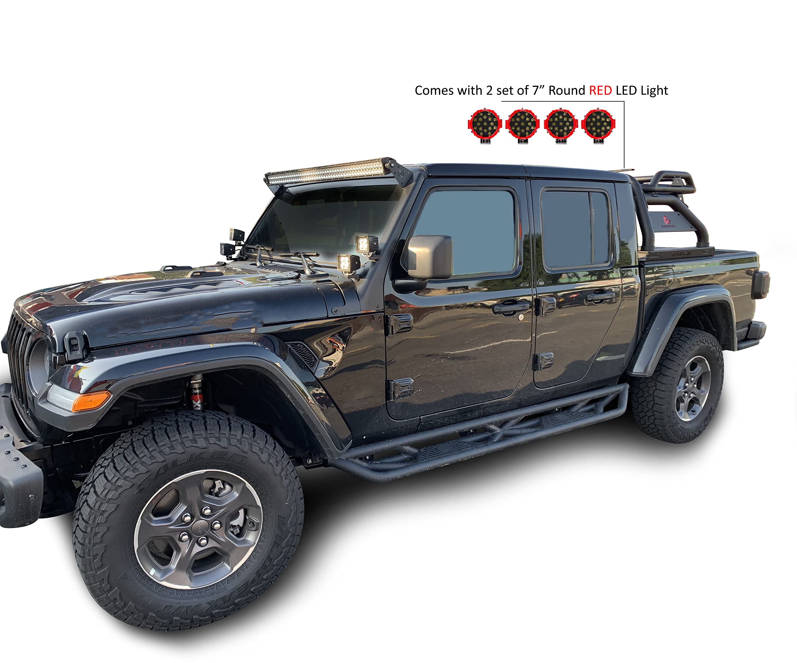 Atlas Black Horse Roll Bar Incl. Pair of 7.0" Dia. Led Lights w/Red Trim Rings Compatible with 2020-2024 Jeep Gladiator-ATRB9BK-PLR