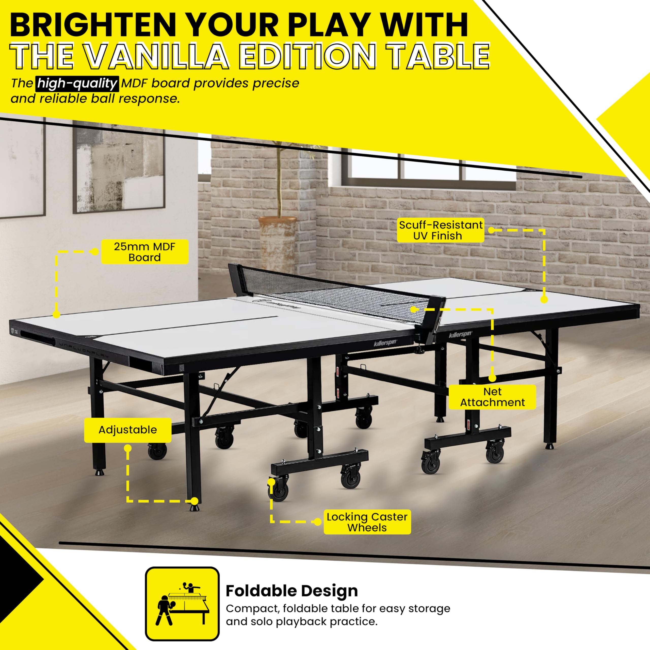 Ping Pong Table Killerspin MyT 415 Max - Foldable Table for Table Tennis, Portable Ping Pong Table Set with Built-in Paddle and Ball Storage, 25MM MDF Board Pingpongball Table, Vanilla