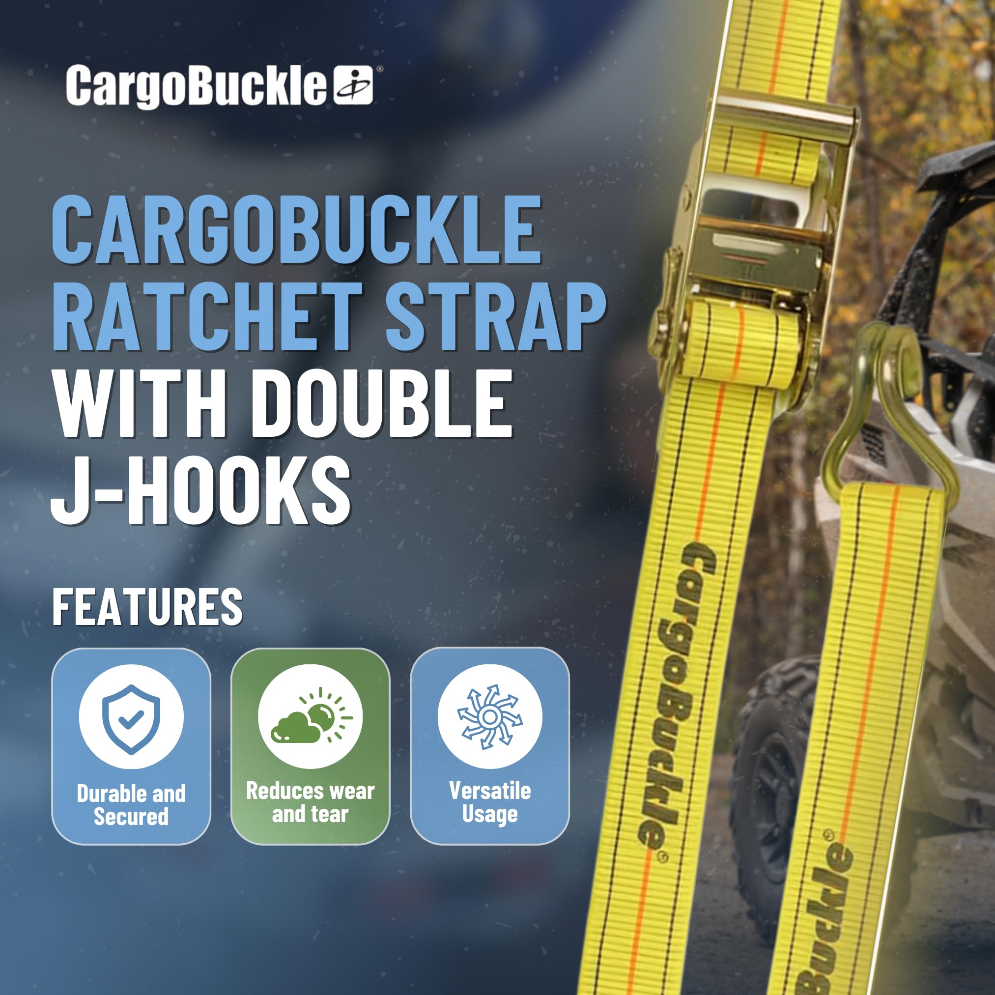 Retractable CargoBuckle Ratchet Straps 2” x 20’ with Double J-Hooks – Heavy Duty Tie Down Straps for Trailer, Truck, Cargo, Motorcycle, Moving & Hauling – 6,600 lb Break Strength