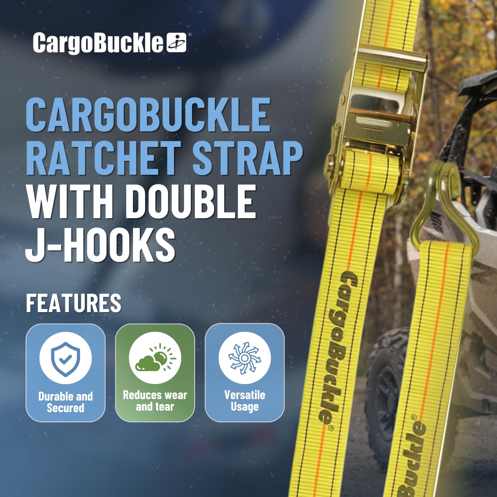 Retractable CargoBuckle Ratchet Straps 2” x 20’ with Double J-Hooks – Heavy Duty Tie Down Straps for Trailer, Truck, Cargo, Motorcycle, Moving & Hauling – 6,600 lb Break Strength