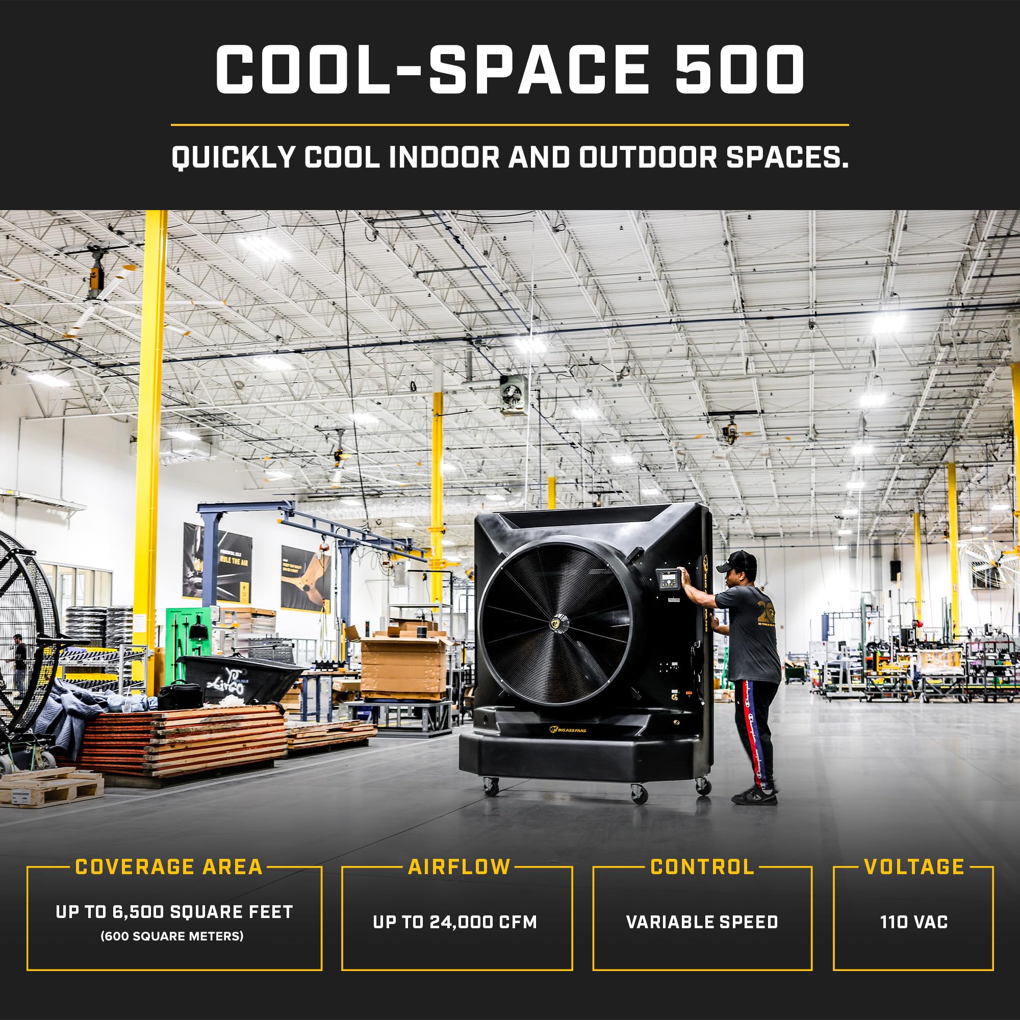 Cool-Space 500 Big Ass Fans Portable Evaporative Swamp Cooler, 50-inch Diameter Fan, Indoor or Outdoor Use, Continuous or Fillable (64 Gallon Capacity), Variable Speed