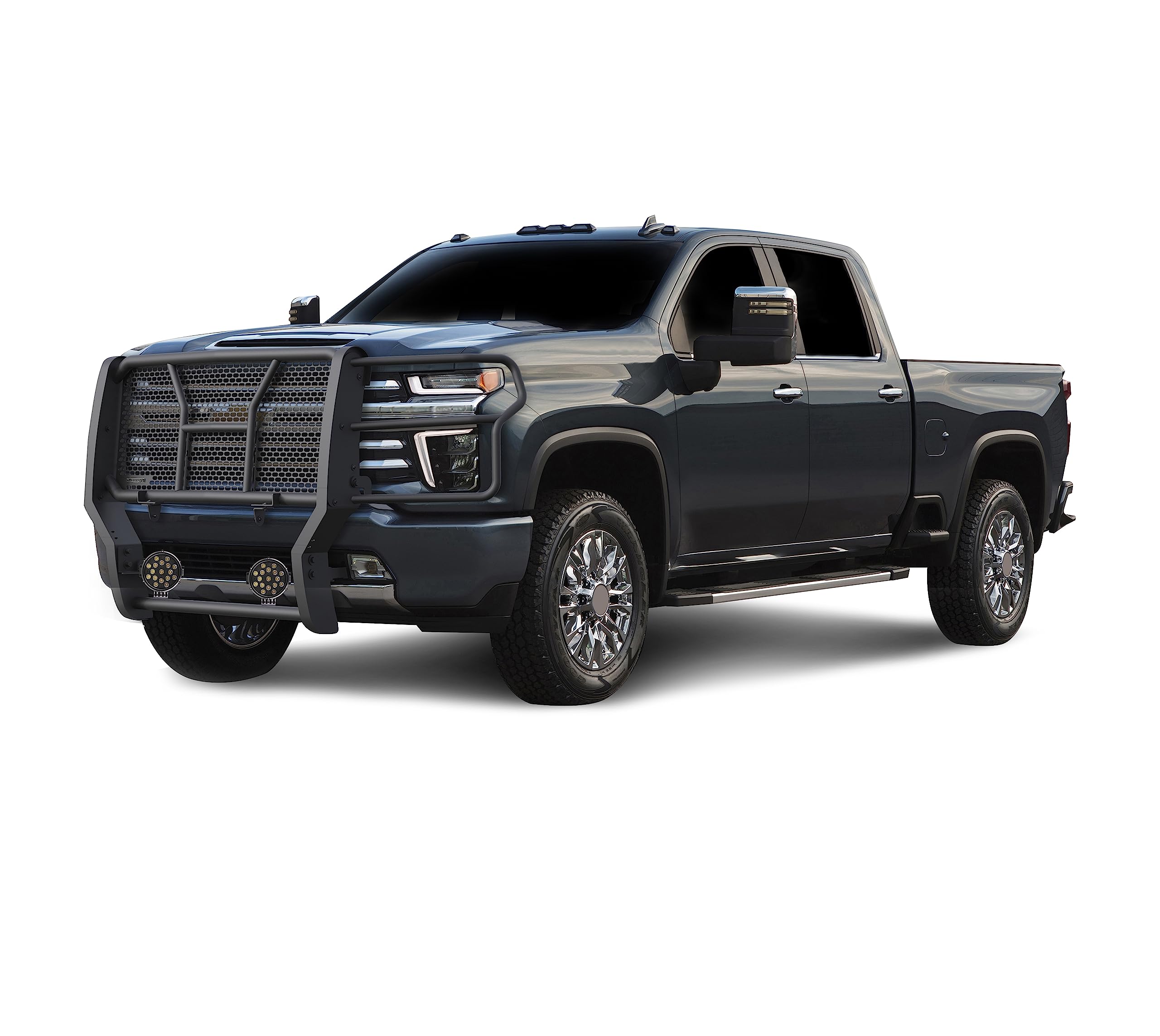 Heavy Duty Black Horse Rugged Grille Brush Bumper Guard Modular Come with Pair of 7.0" Dia.LED Lights with Black Trim Rings Compatible with 2020-2024 Silverado 3500 HD/2500 HD-RU-CHSI30-B-PLB