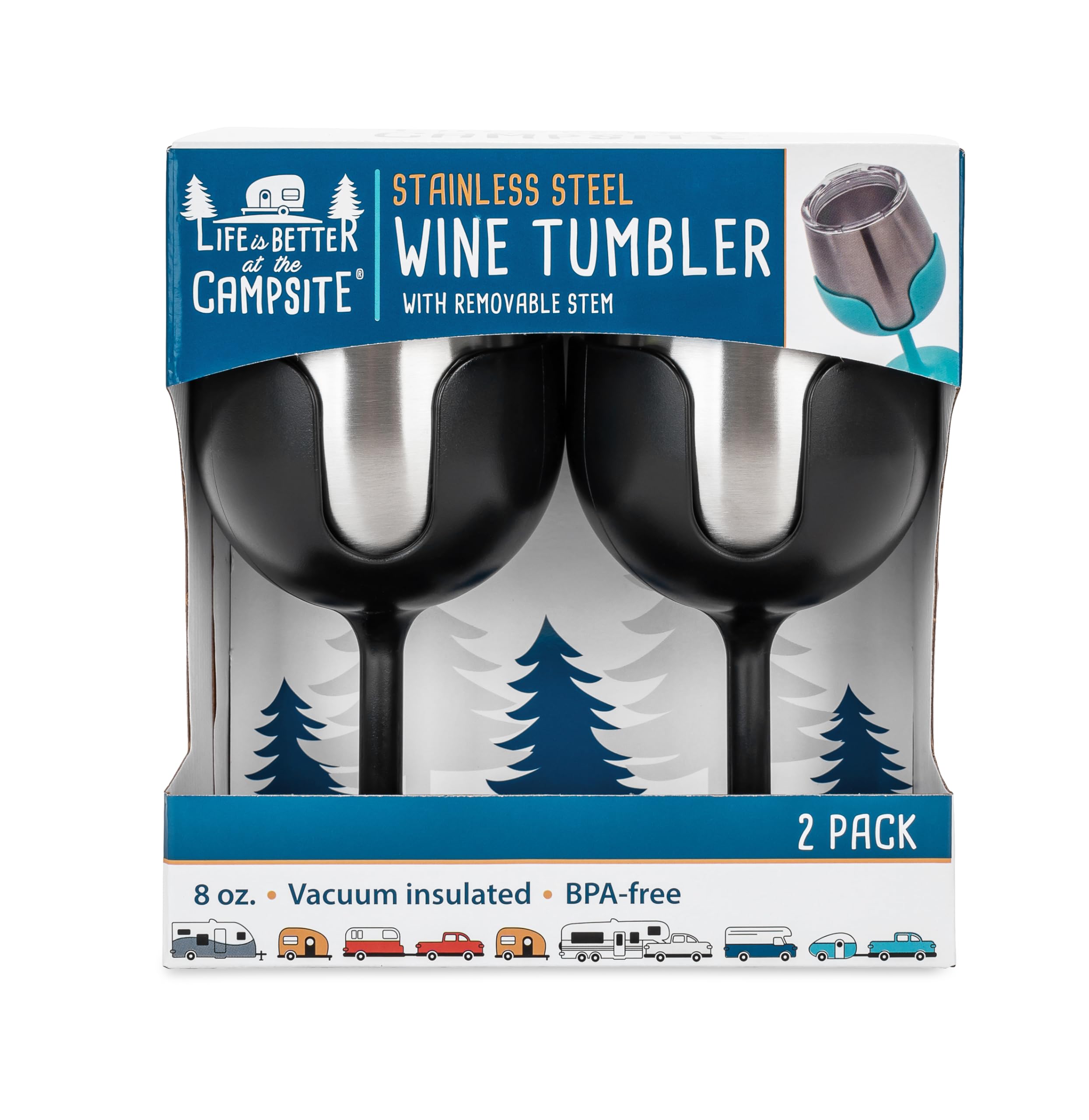 Camco Wine Tumbler Life is Better at The Campsite | Heavy Duty Double Wall Vacuum Insulation | Crafted of 18/8 Stainless Steel | Features Removable Black Stems | 2-Pk, 8-oz/Each (53485)