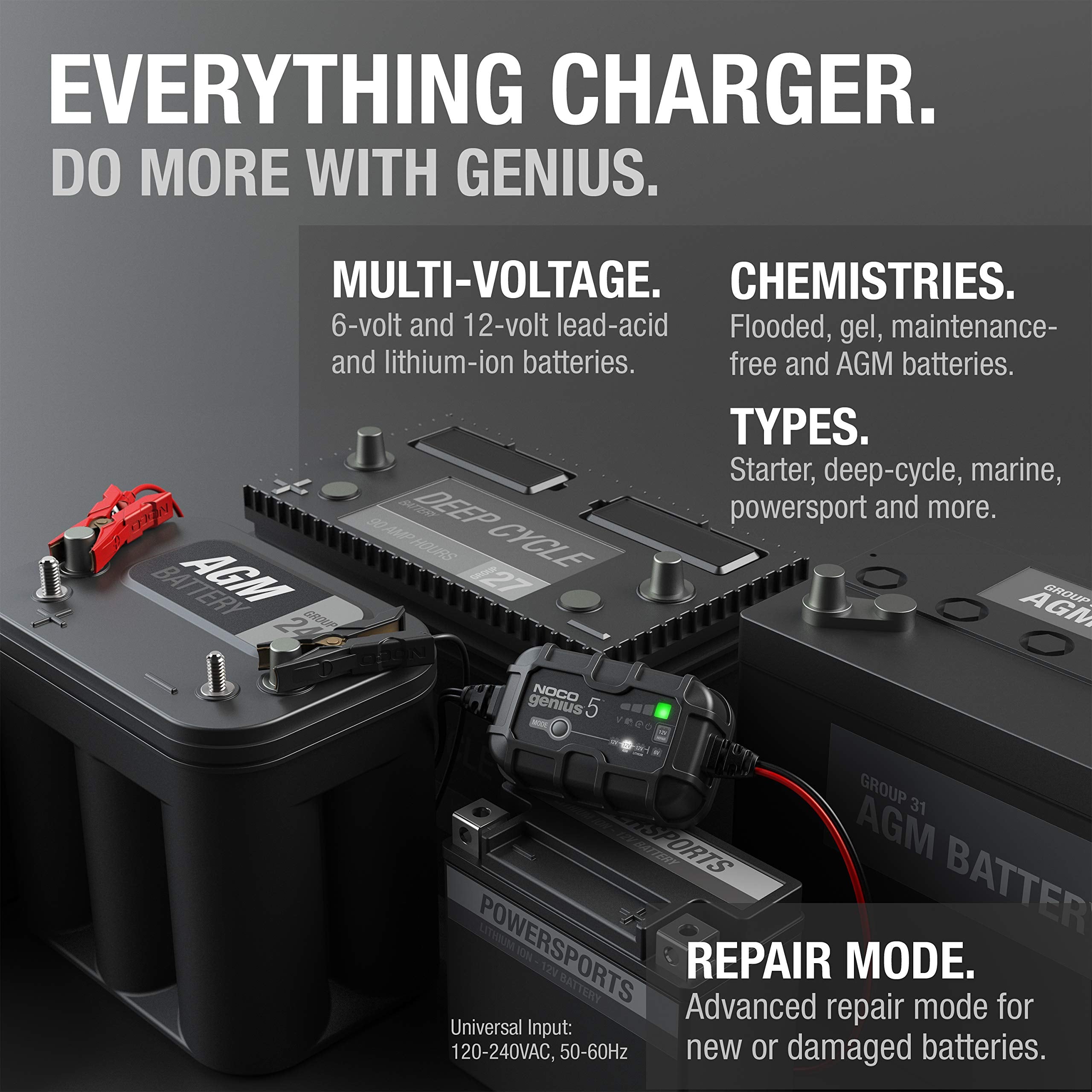 NOCO GENIUS5: 6V/12V Smart Battery Charger 5A – Automatic Maintainer, Trickle Charger & Desulfator with Overcharge Protection & Temperature Compensation – for Lead-Acid & Lithium Batteries
